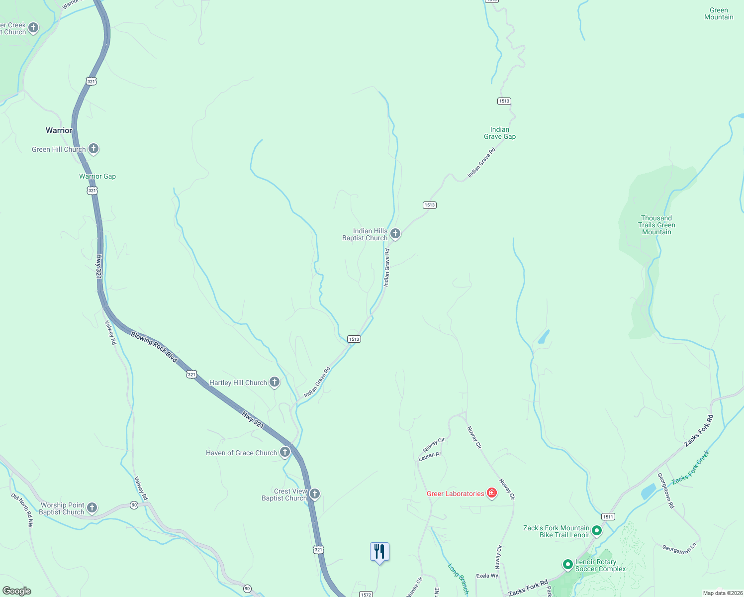 map of restaurants, bars, coffee shops, grocery stores, and more near 2260 Indian Trail in Lenoir