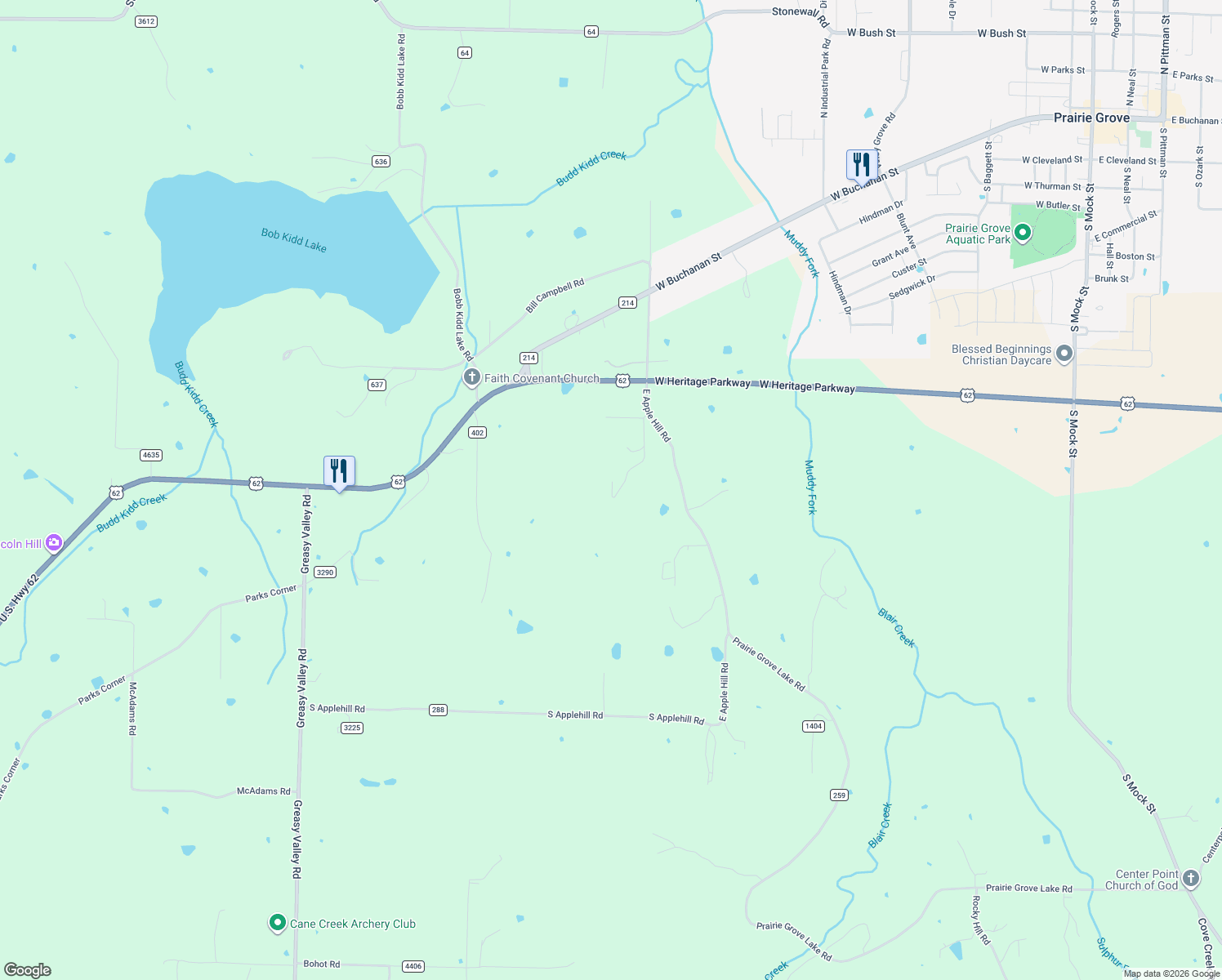 map of restaurants, bars, coffee shops, grocery stores, and more near 11291 East Apple Hill Road in Prairie Grove
