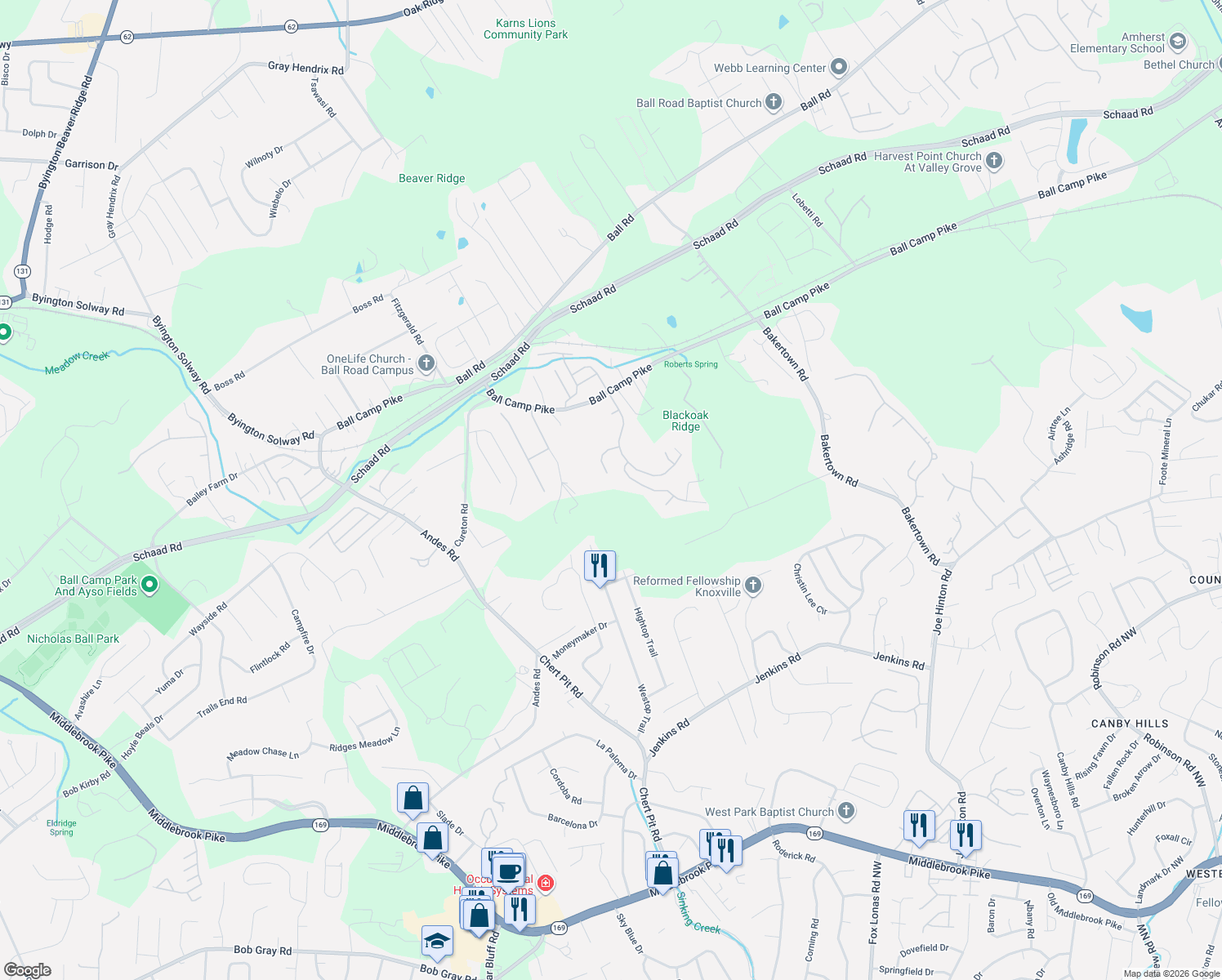 map of restaurants, bars, coffee shops, grocery stores, and more near 8133 Laurel Falls Lane in Knoxville