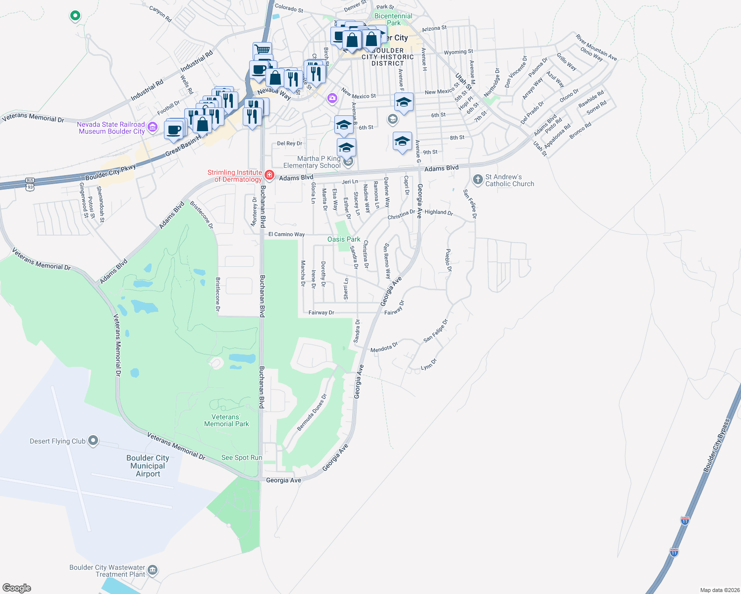 map of restaurants, bars, coffee shops, grocery stores, and more near 1536 Kay Court in Boulder City