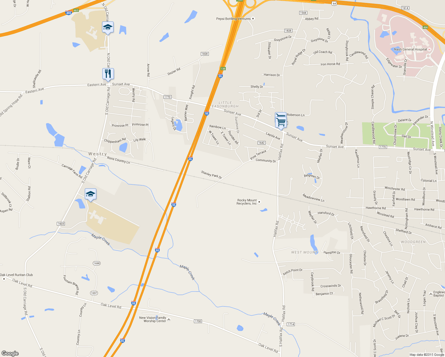 map of restaurants, bars, coffee shops, grocery stores, and more near Community Drive in Rocky Mount