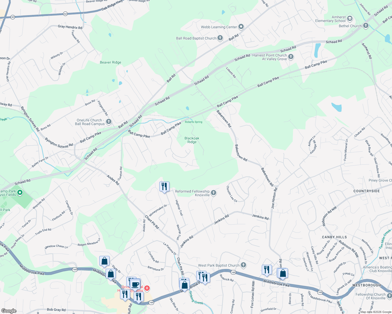 map of restaurants, bars, coffee shops, grocery stores, and more near 1813 Cascade Falls Lane in Knoxville