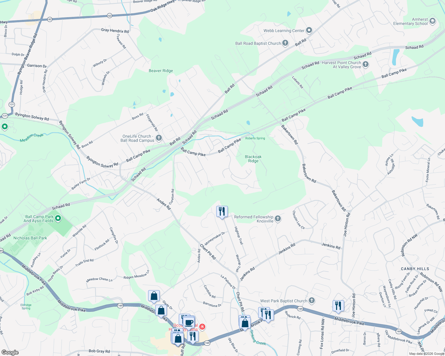 map of restaurants, bars, coffee shops, grocery stores, and more near 8118 Laurel Falls Lane in Knoxville
