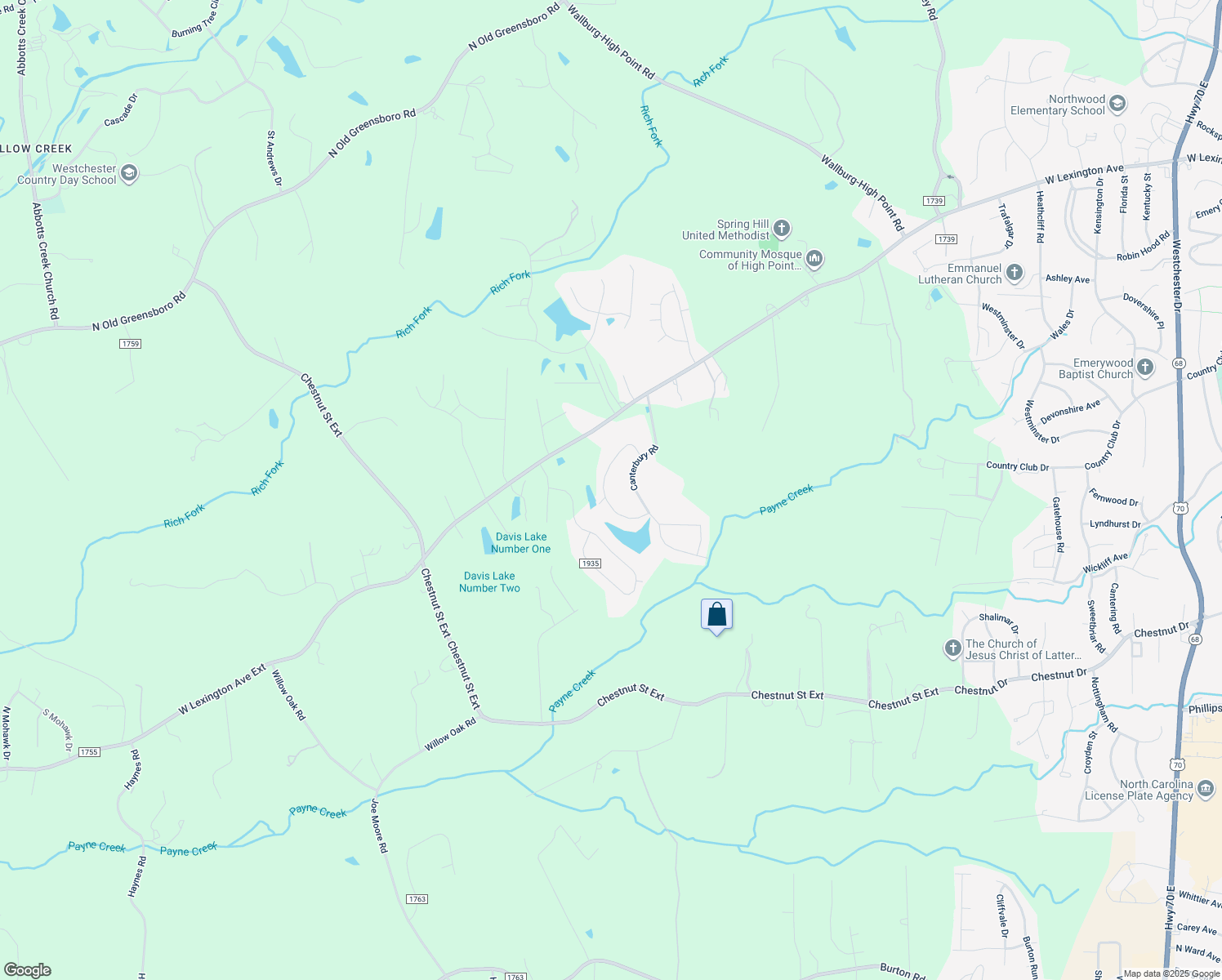 map of restaurants, bars, coffee shops, grocery stores, and more near 1711 Windsor Drive in High Point