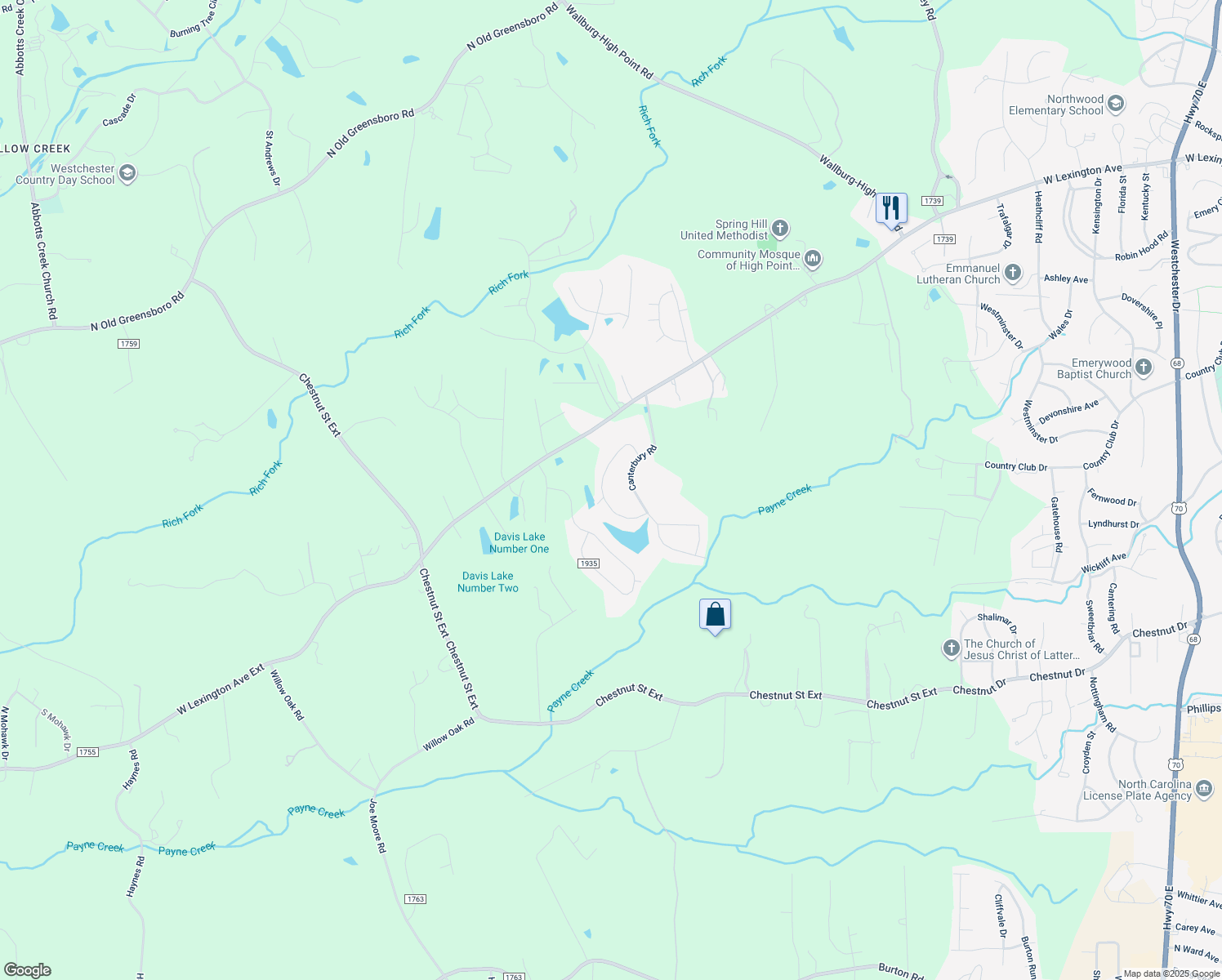map of restaurants, bars, coffee shops, grocery stores, and more near 1711 Windsor Drive in High Point