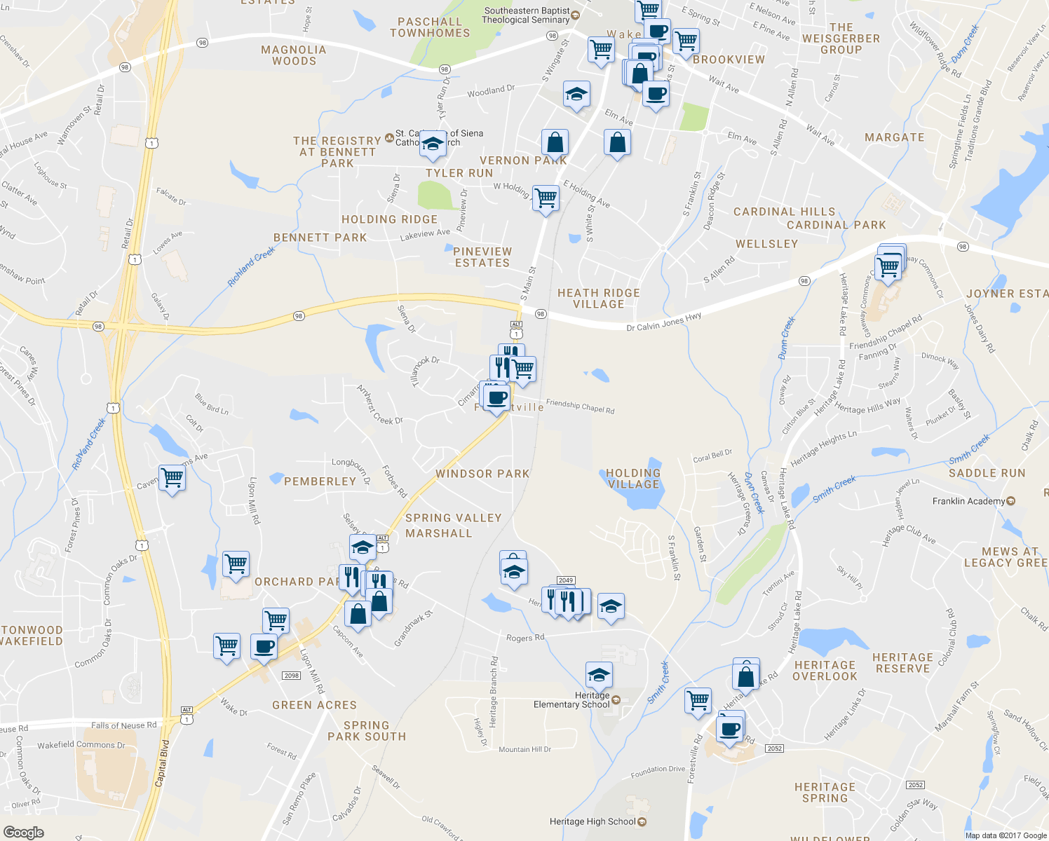 map of restaurants, bars, coffee shops, grocery stores, and more near 118 Liberty Street in Wake Forest