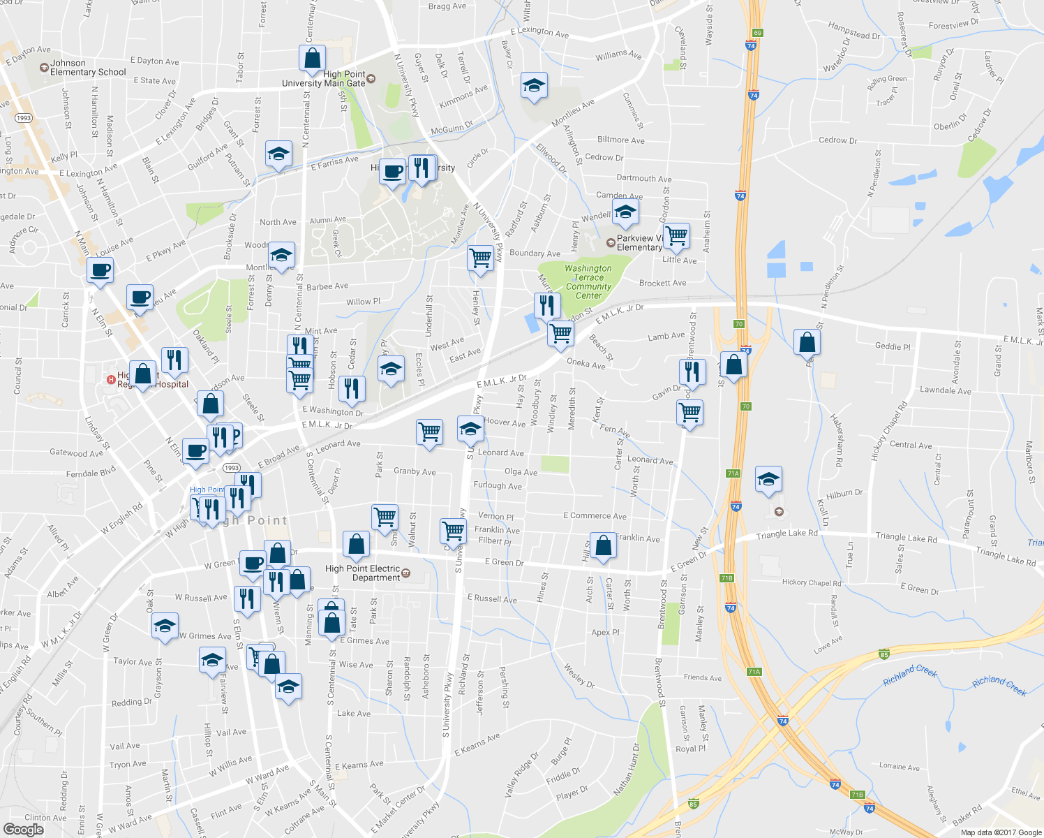 map of restaurants, bars, coffee shops, grocery stores, and more near 309 Hay Street in High Point