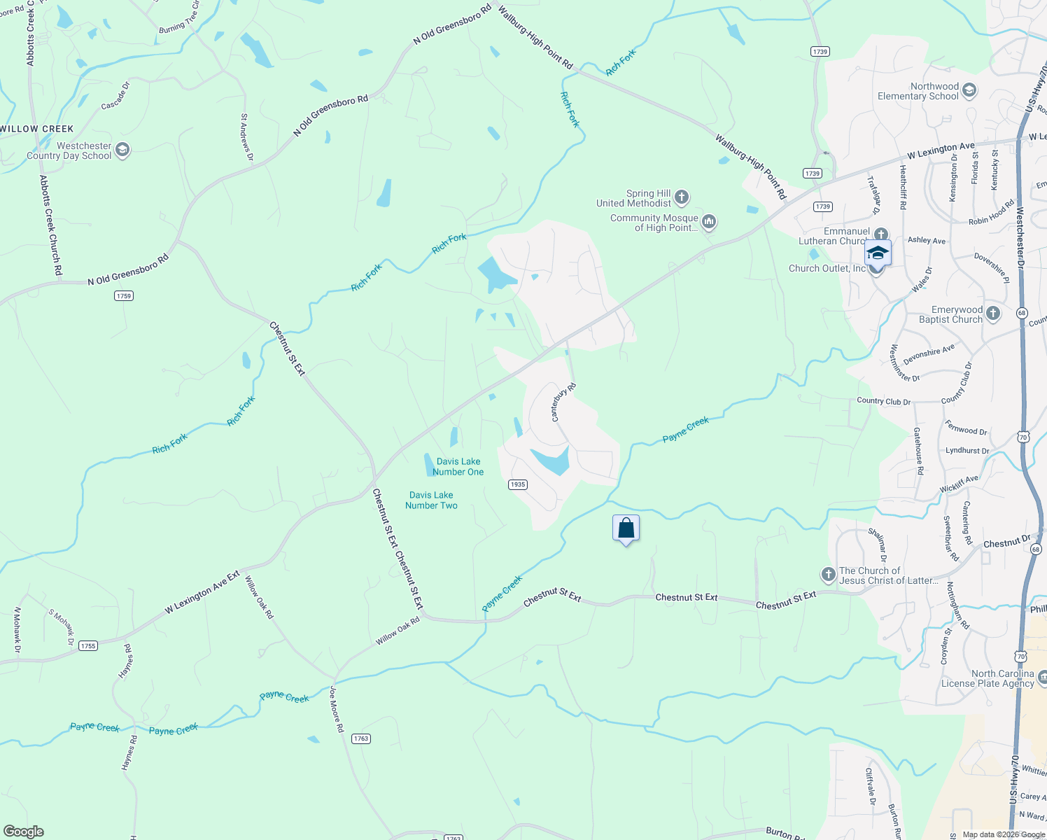 map of restaurants, bars, coffee shops, grocery stores, and more near 1716 Windsor Drive in High Point