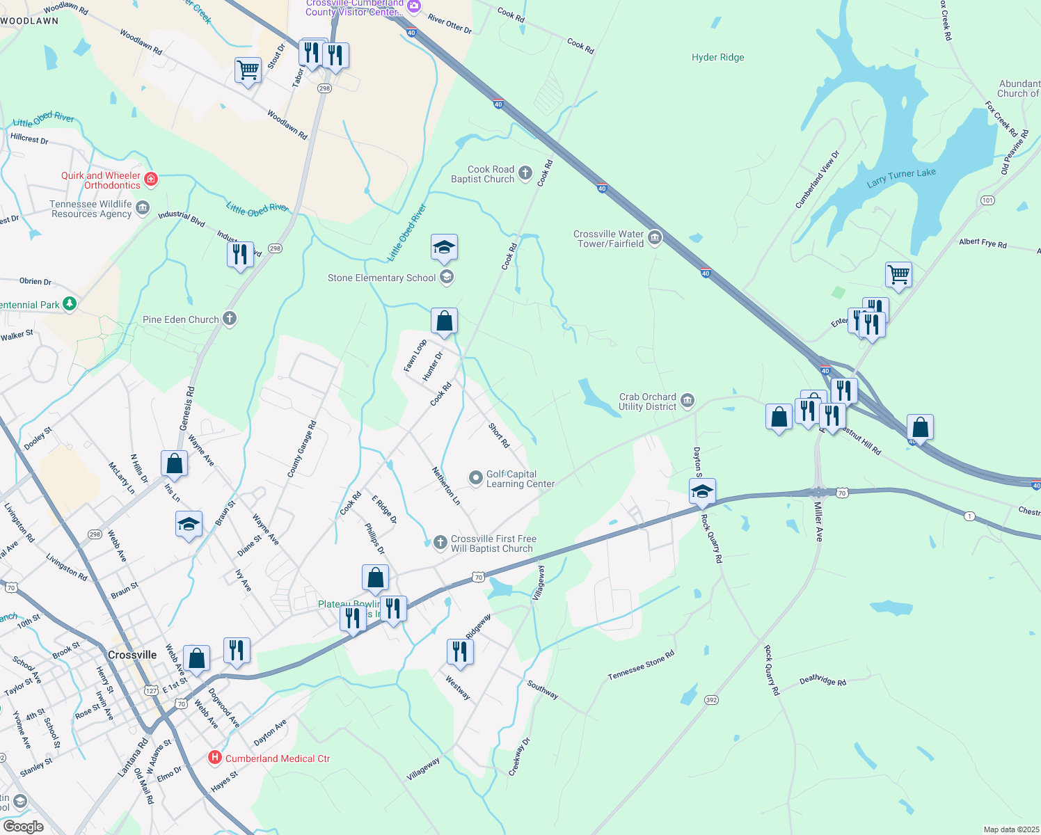 map of restaurants, bars, coffee shops, grocery stores, and more near 257 Hassler Ln in Crossville