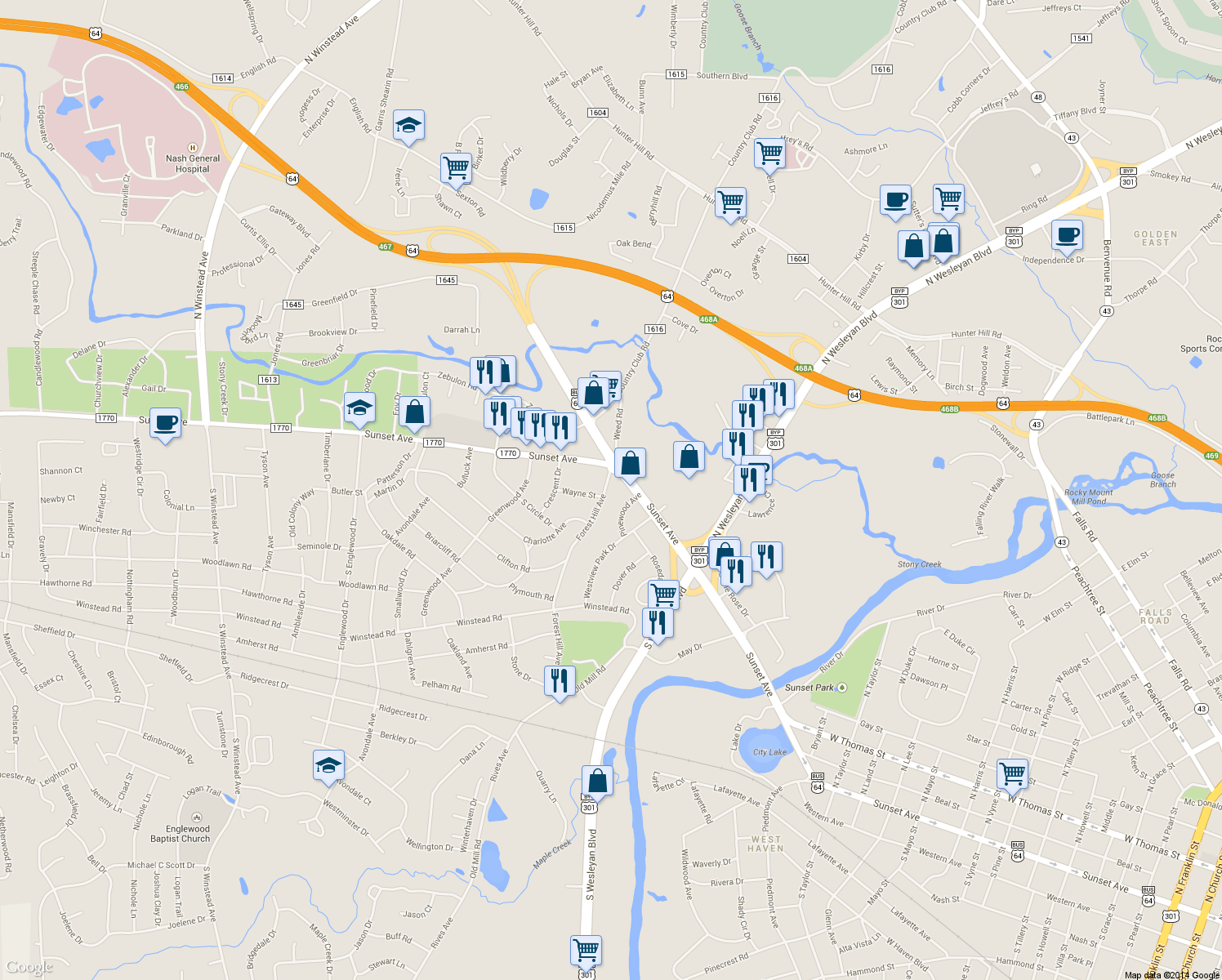 map of restaurants, bars, coffee shops, grocery stores, and more near 111 Forest Hill Avenue in Rocky Mount