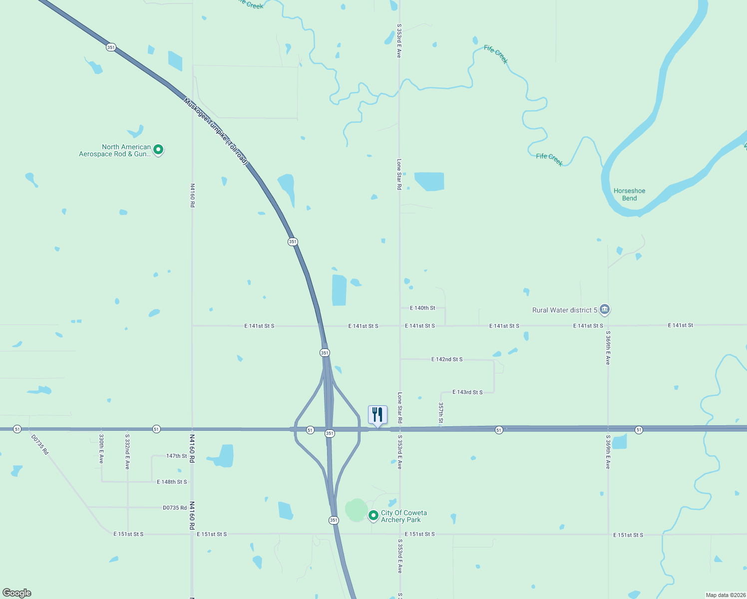 map of restaurants, bars, coffee shops, grocery stores, and more near 14062 South 353rd East Avenue in Coweta