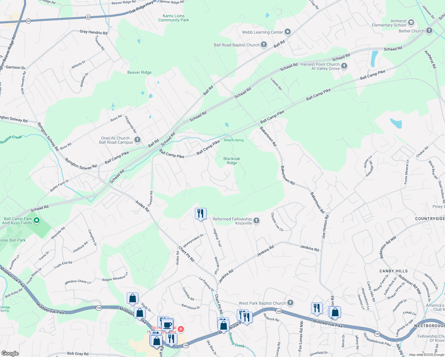 map of restaurants, bars, coffee shops, grocery stores, and more near 2001 Cawood Falls Lane in Knoxville