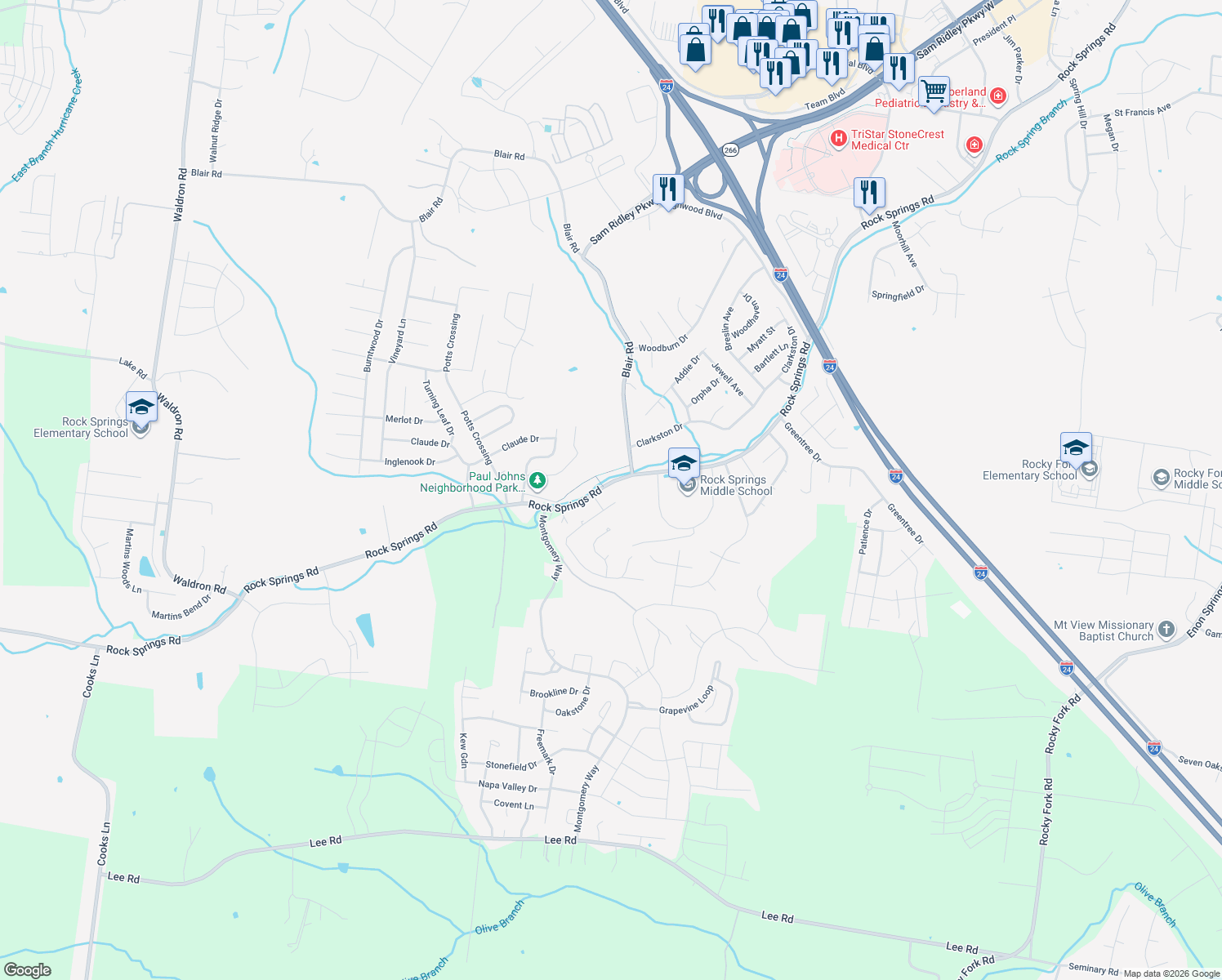map of restaurants, bars, coffee shops, grocery stores, and more near 2549 Rock Springs Road in Smyrna