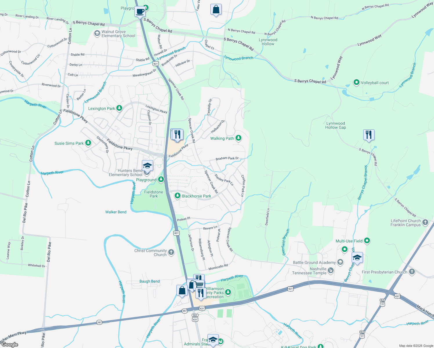 map of restaurants, bars, coffee shops, grocery stores, and more near 252 Stanley Park Lane in Franklin