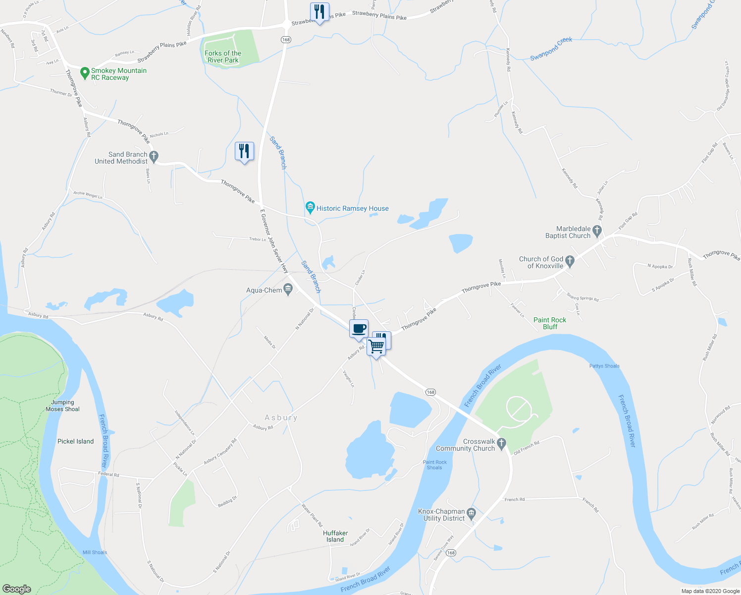 map of restaurants, bars, coffee shops, grocery stores, and more near 2902 Thorngrove Pike in Knoxville