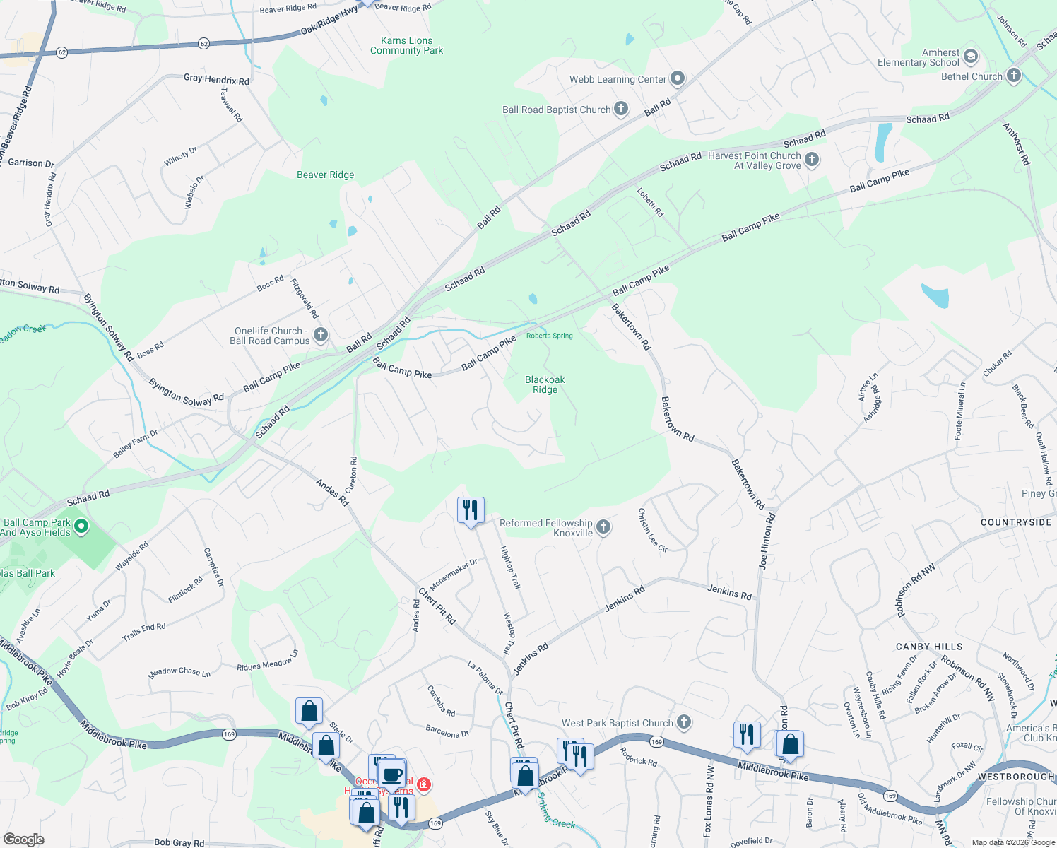 map of restaurants, bars, coffee shops, grocery stores, and more near 2001 Cawood Falls Ln in Knoxville