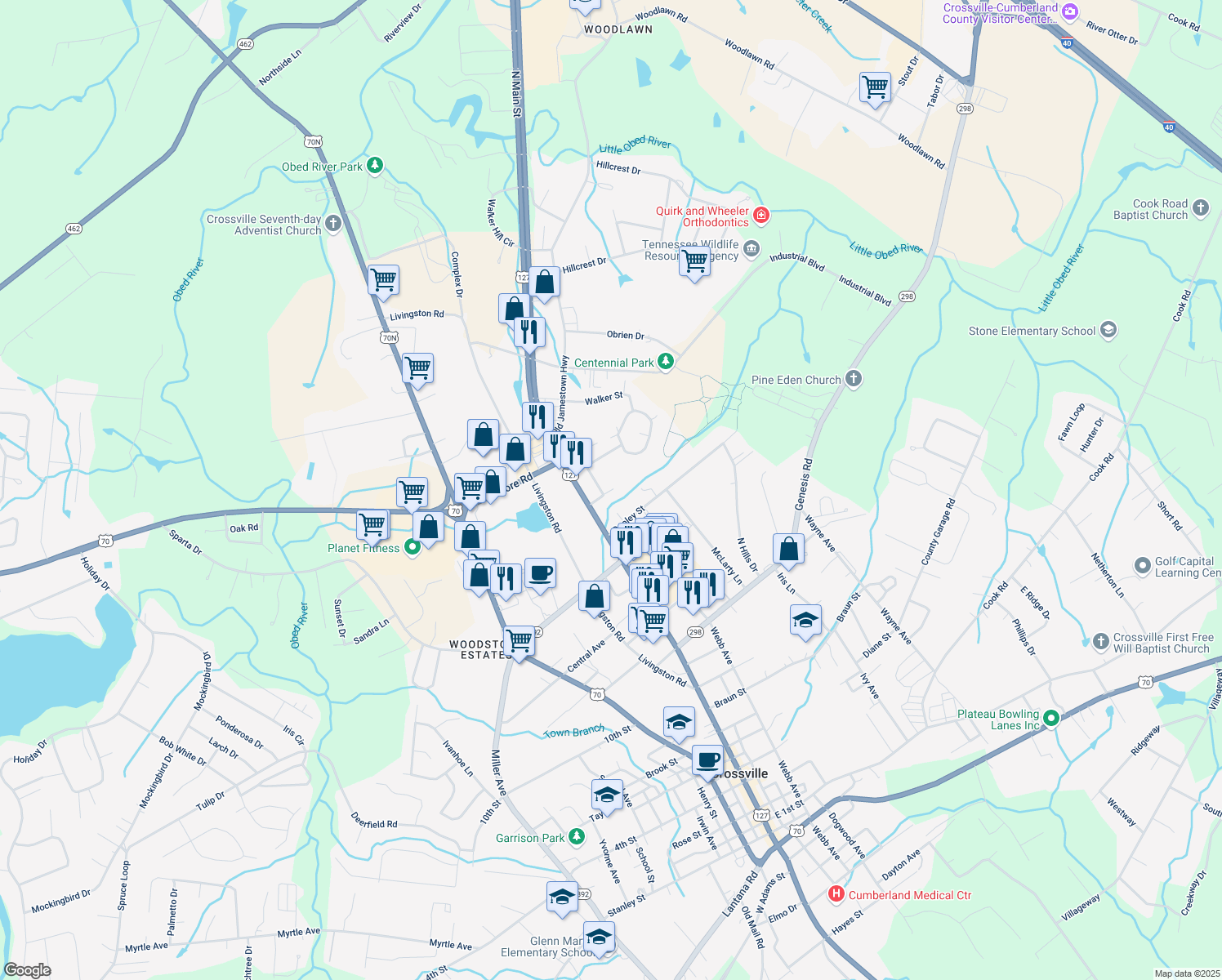 map of restaurants, bars, coffee shops, grocery stores, and more near 11 Vaughn Drive in Crossville