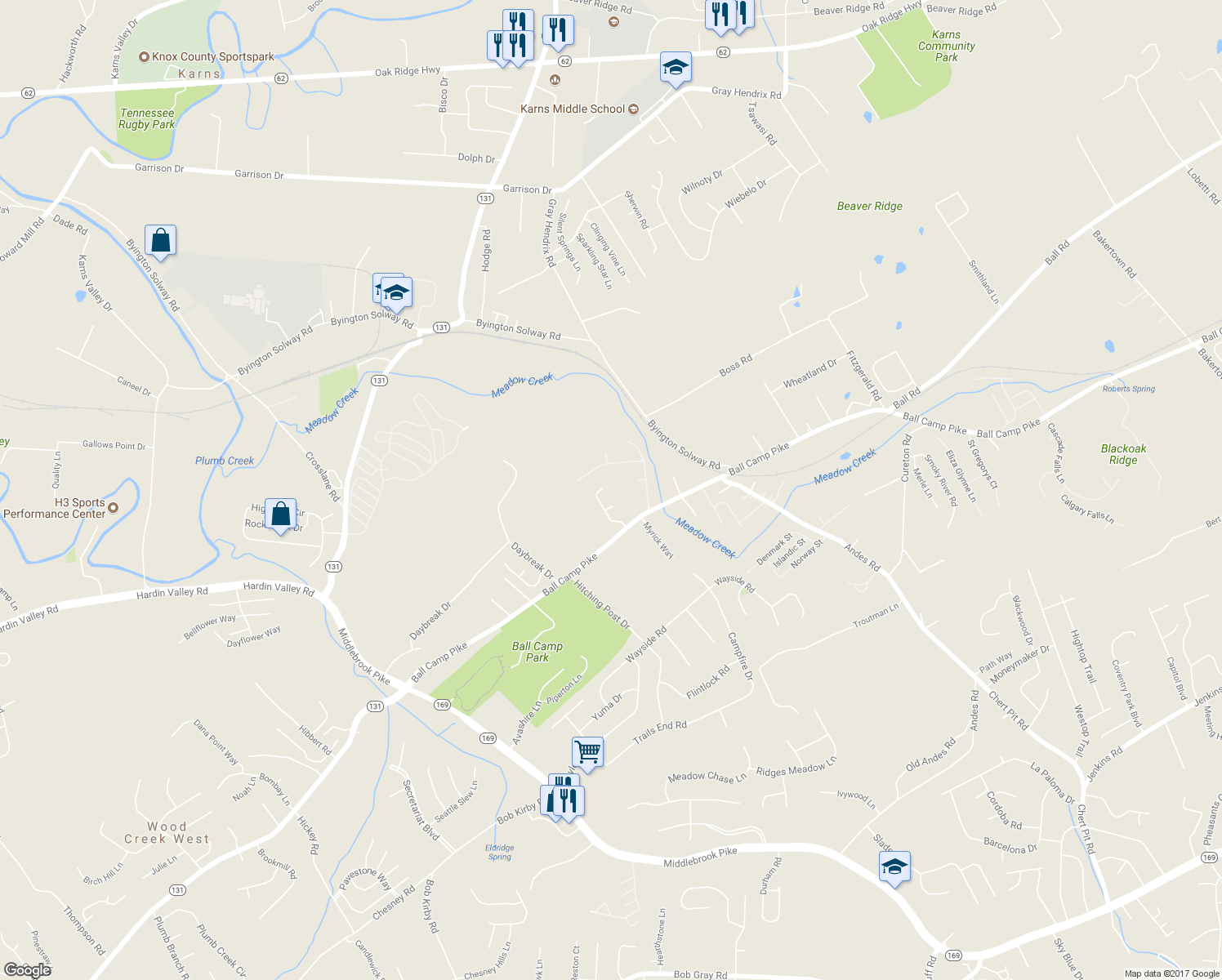 map of restaurants, bars, coffee shops, grocery stores, and more near 2544 Myloshane Lane in Knoxville