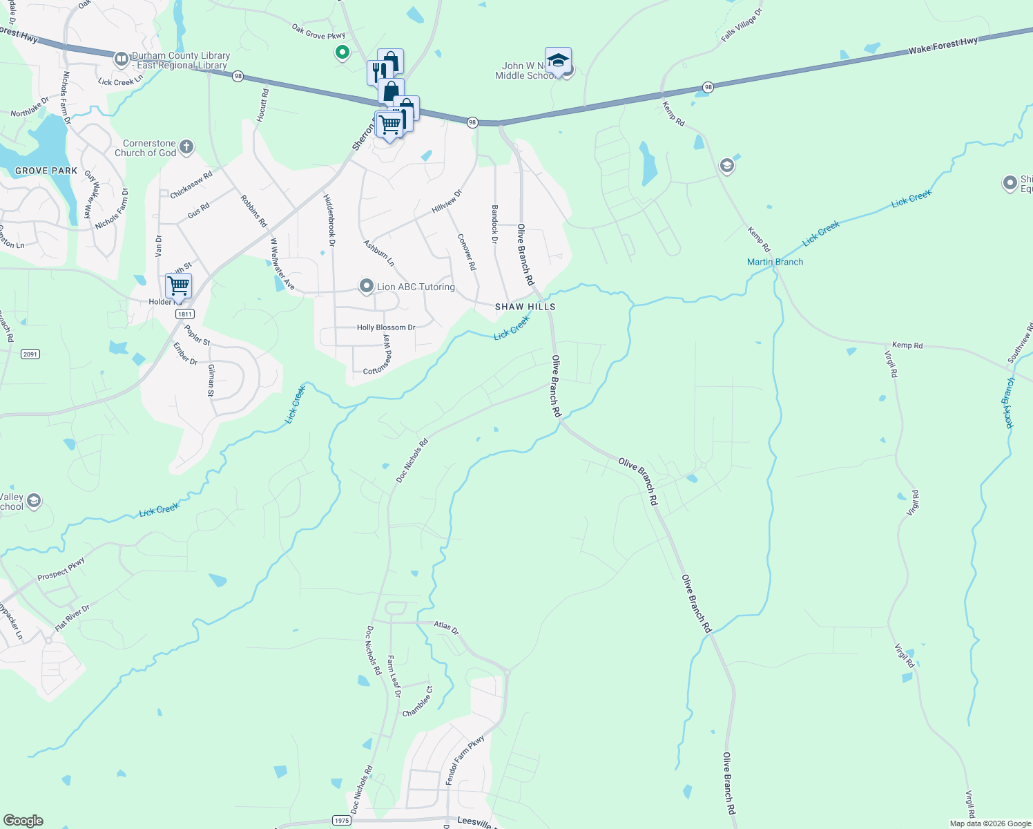 map of restaurants, bars, coffee shops, grocery stores, and more near 709 Doc Nichols Road in Durham