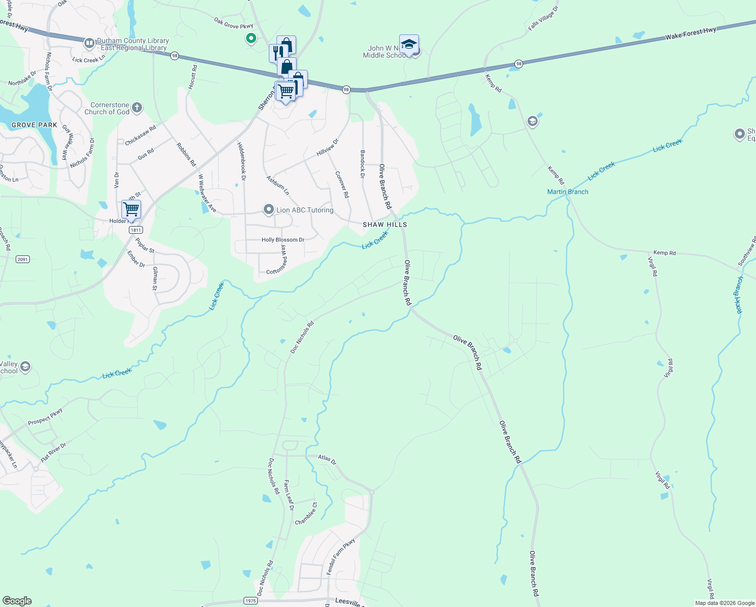 map of restaurants, bars, coffee shops, grocery stores, and more near 709 Doc Nichols Road in Durham