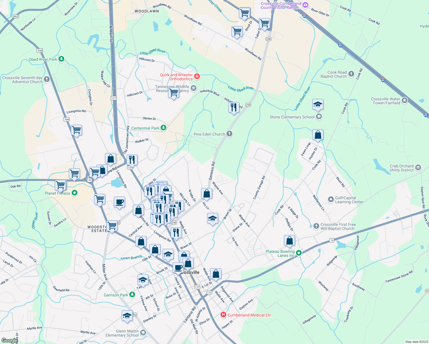 map of restaurants, bars, coffee shops, grocery stores, and more near 652 Genesis Road in Crossville