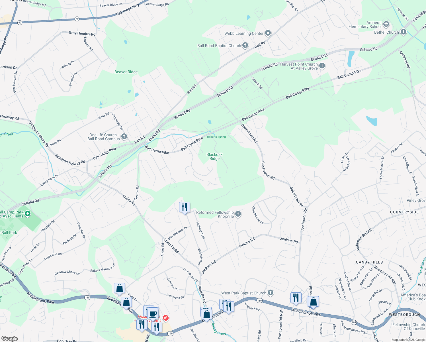 map of restaurants, bars, coffee shops, grocery stores, and more near 1813 Cascade Falls Lane in Knoxville