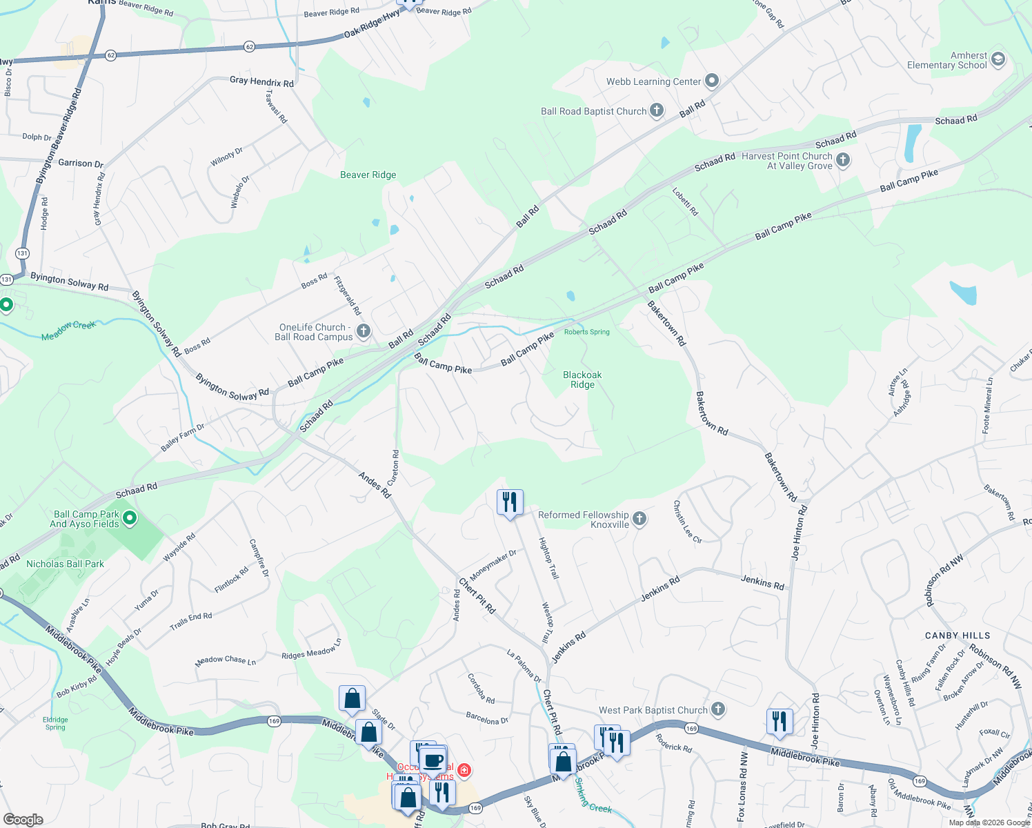 map of restaurants, bars, coffee shops, grocery stores, and more near 8118 Laurel Falls Lane in Knoxville