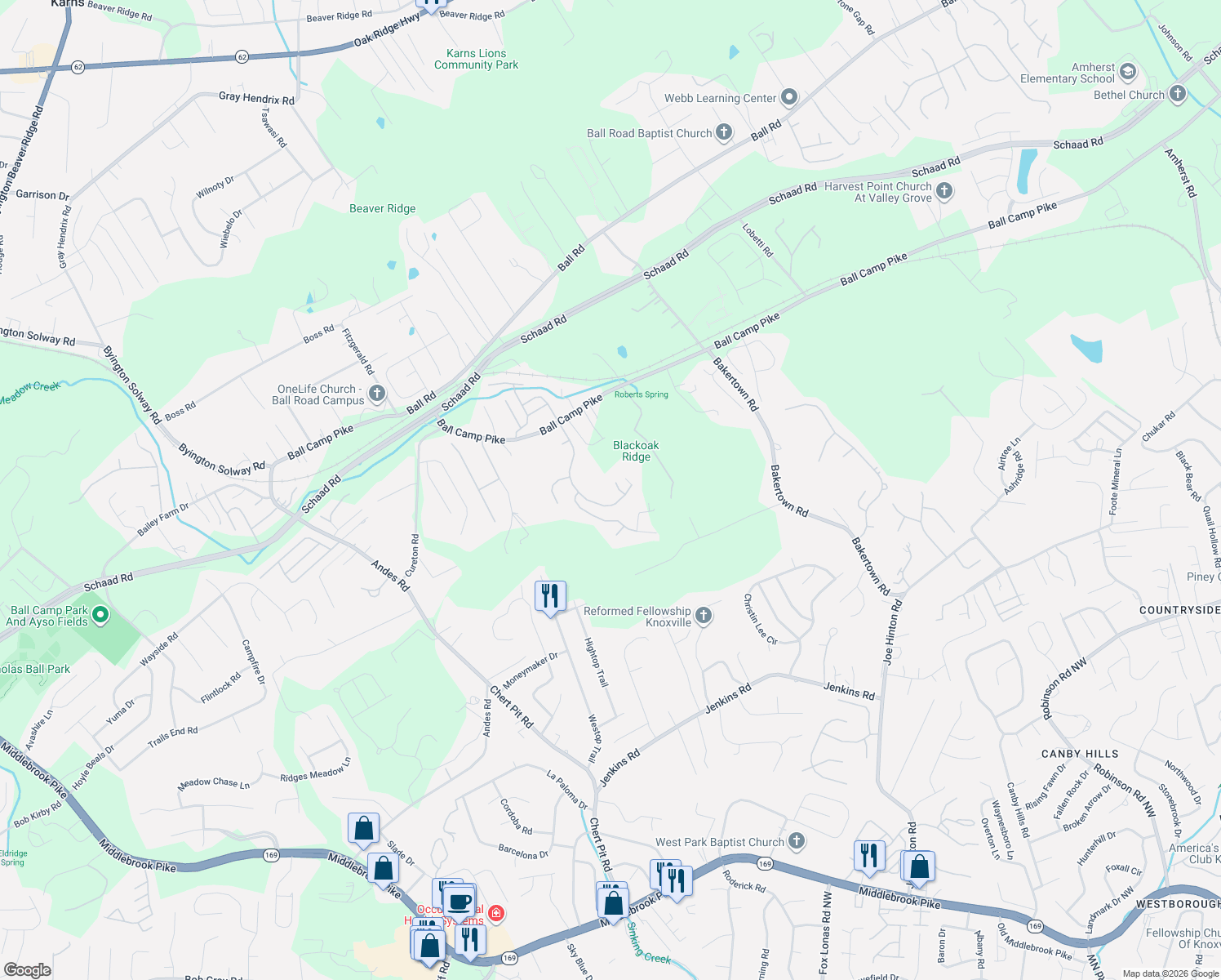 map of restaurants, bars, coffee shops, grocery stores, and more near 2001 Cawood Falls Lane in Knoxville