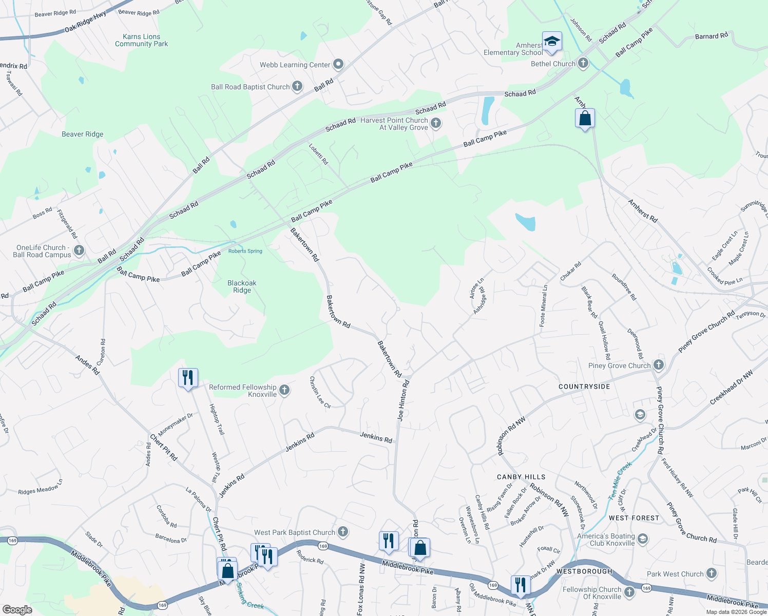 map of restaurants, bars, coffee shops, grocery stores, and more near 3011 Oakwood Hills Lane in Knoxville