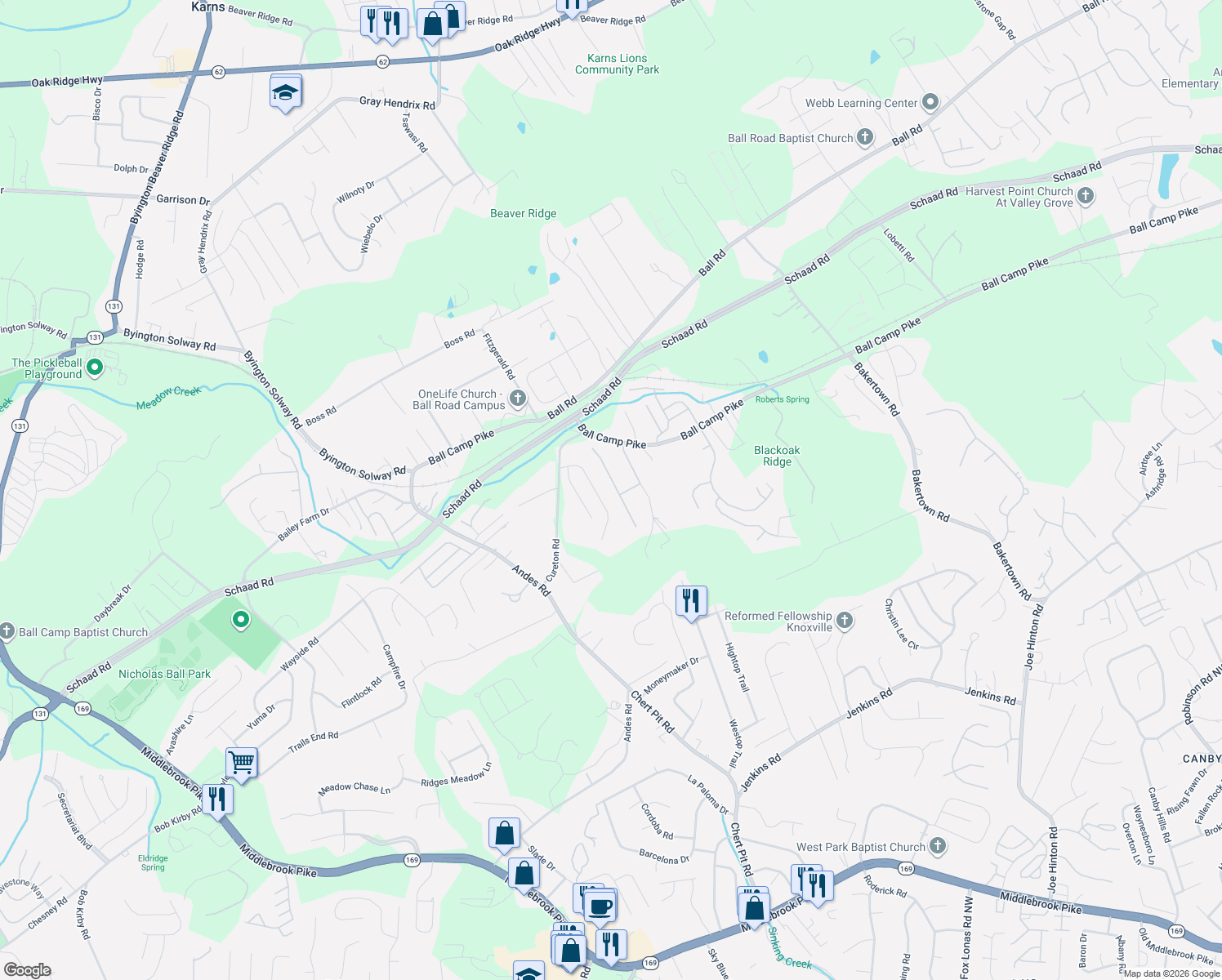 map of restaurants, bars, coffee shops, grocery stores, and more near 2028 Smoky River Road in Knoxville