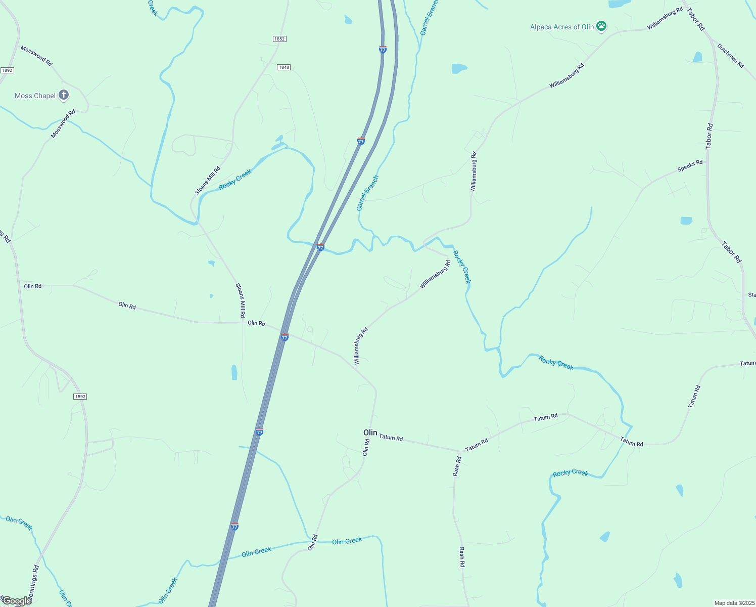 map of restaurants, bars, coffee shops, grocery stores, and more near 690 Williamsburg Road in Olin