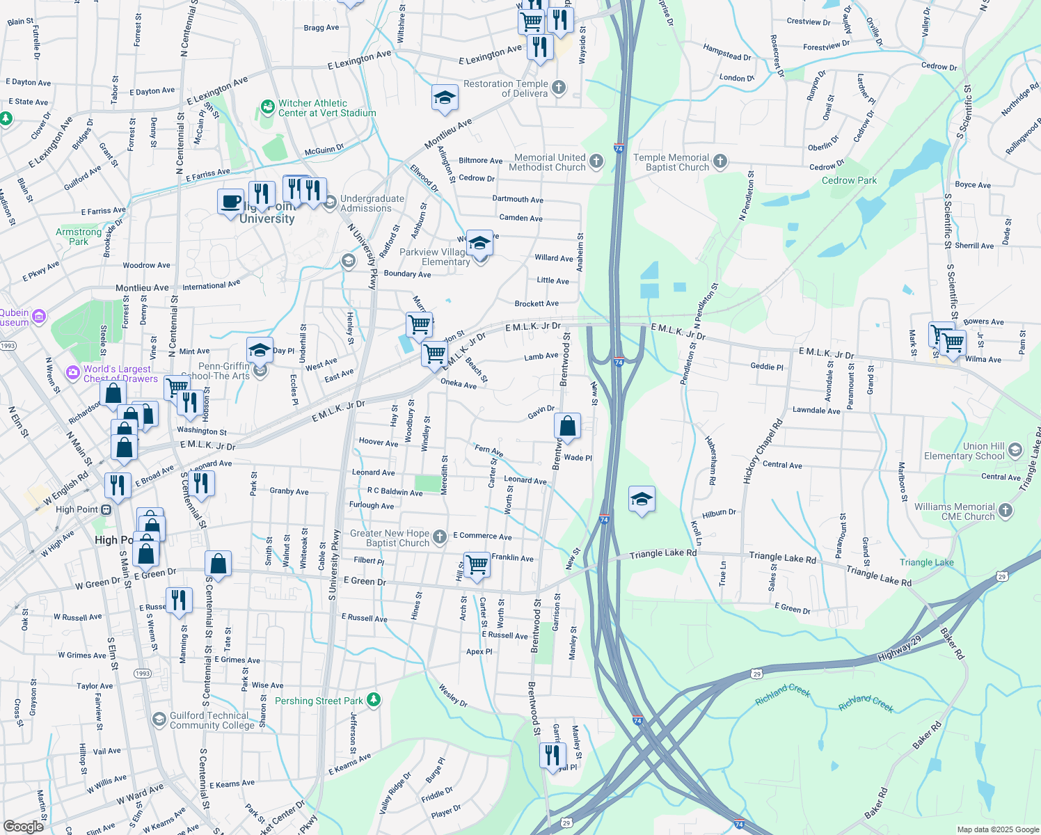 map of restaurants, bars, coffee shops, grocery stores, and more near 1721 Gavin Drive in High Point