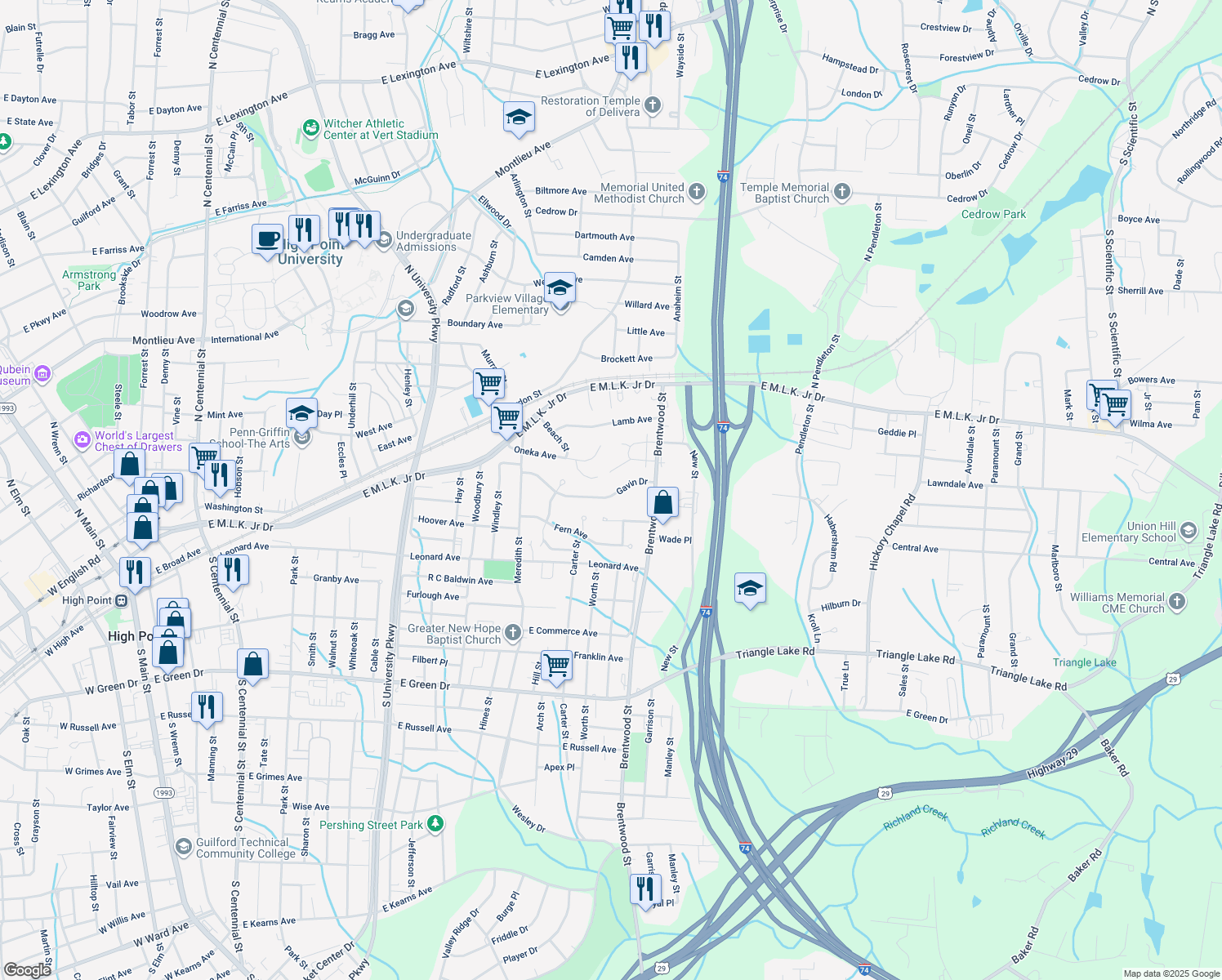 map of restaurants, bars, coffee shops, grocery stores, and more near 1723 Gavin Dr in High Point