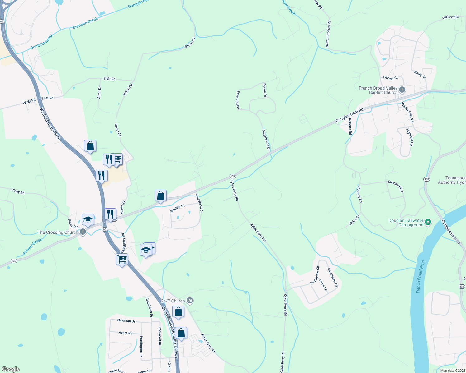 map of restaurants, bars, coffee shops, grocery stores, and more near 986 Kyker Ferry Road in Kodak