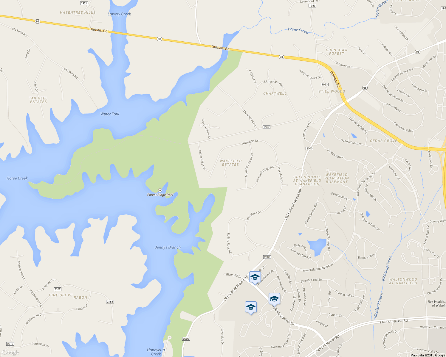 map of restaurants, bars, coffee shops, grocery stores, and more near 1816 Oatlands Court in Wake Forest