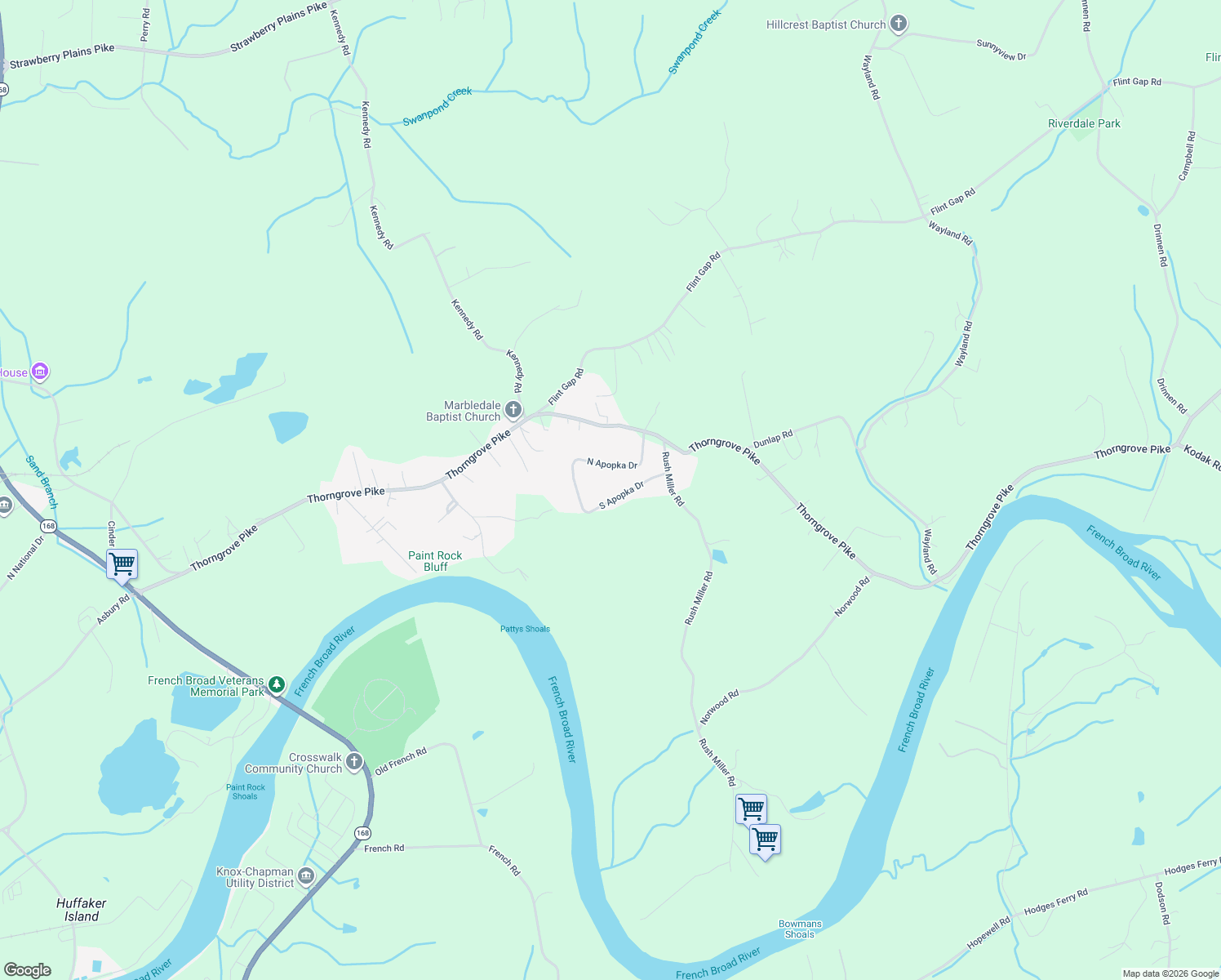 map of restaurants, bars, coffee shops, grocery stores, and more near 6010 North Apopka Drive in Knoxville