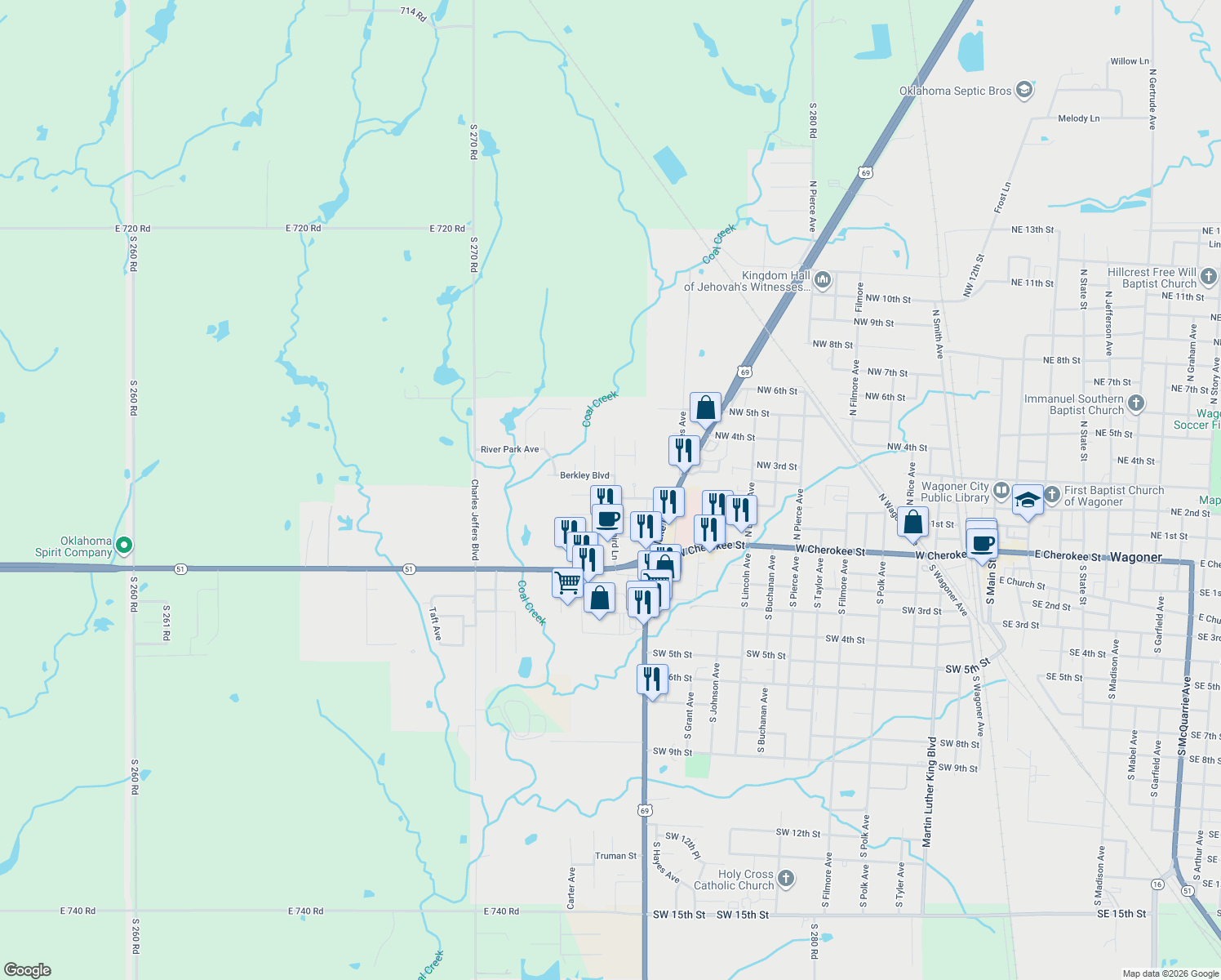 map of restaurants, bars, coffee shops, grocery stores, and more near 1502 Crestwood Drive in Wagoner