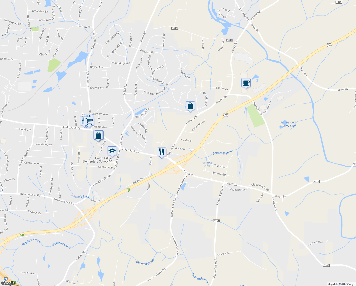 map of restaurants, bars, coffee shops, grocery stores, and more near 5403 Harvey Road in Jamestown