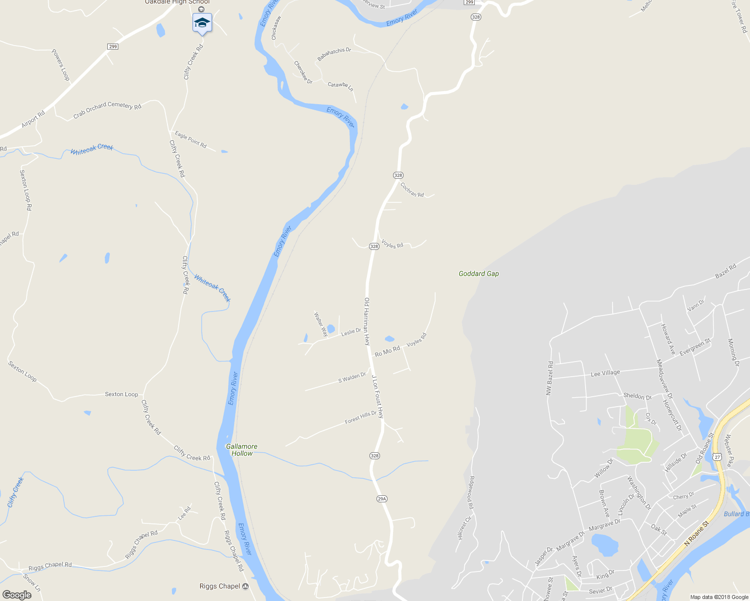 map of restaurants, bars, coffee shops, grocery stores, and more near 2363 Old Harriman Highway in Harriman