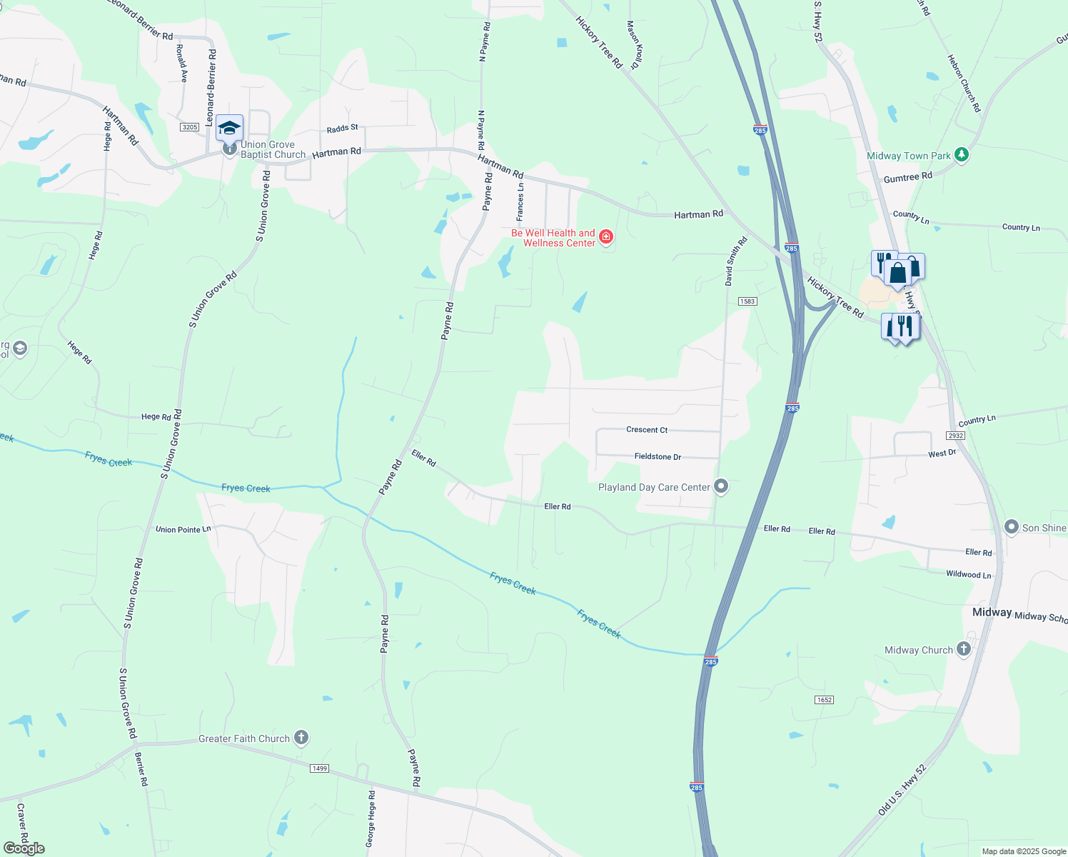 map of restaurants, bars, coffee shops, grocery stores, and more near 217 Meado Lee Lane in Winston-Salem