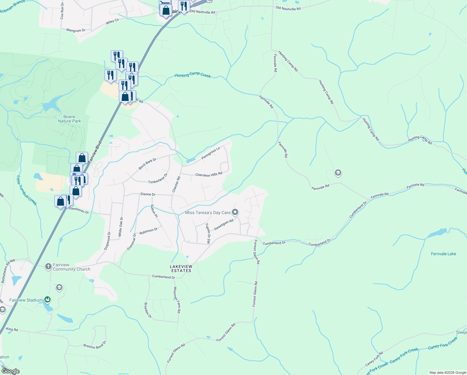 map of restaurants, bars, coffee shops, grocery stores, and more near 7178 Kyles Creek Drive in Fairview