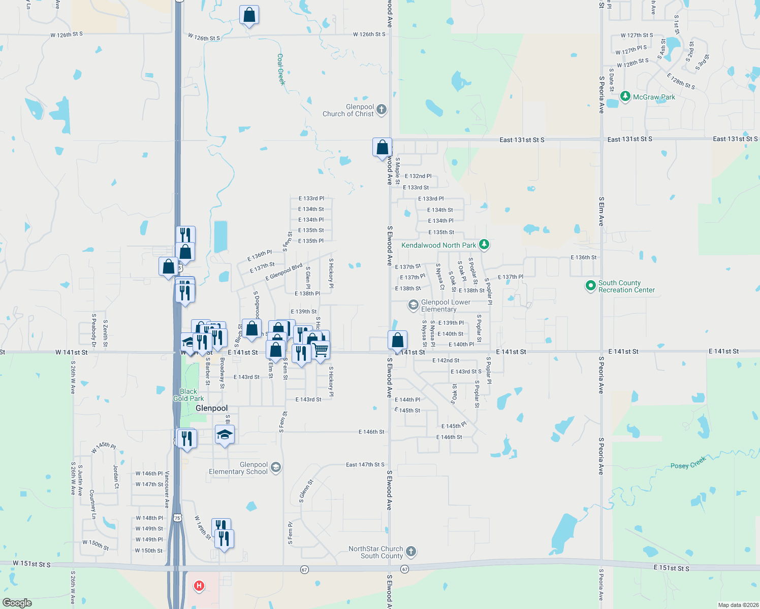 map of restaurants, bars, coffee shops, grocery stores, and more near 13830 South Elwood Avenue in Glenpool