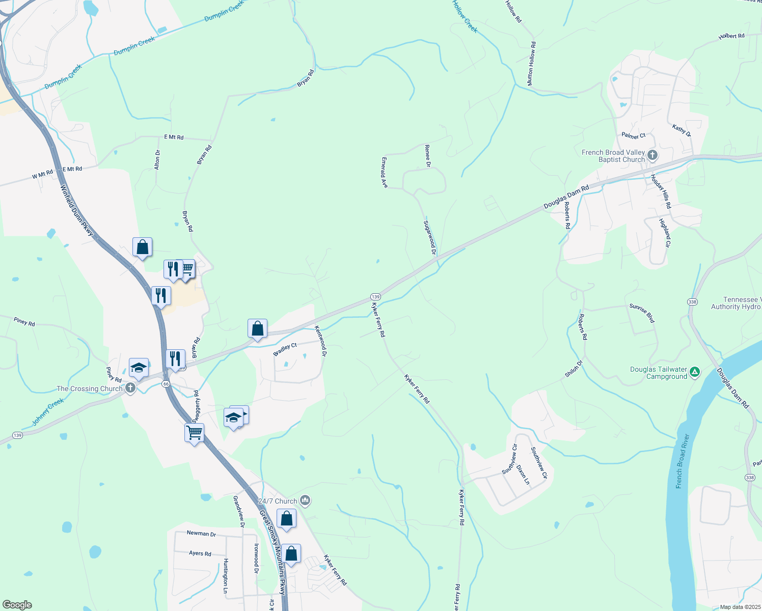 map of restaurants, bars, coffee shops, grocery stores, and more near 986 Kyker Ferry Road in Kodak