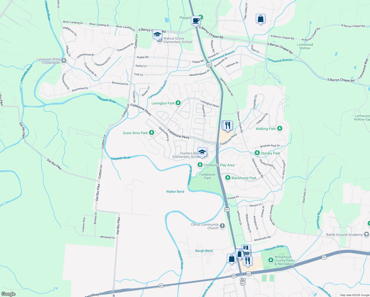 map of restaurants, bars, coffee shops, grocery stores, and more near 7048 Penbrook Drive in Franklin