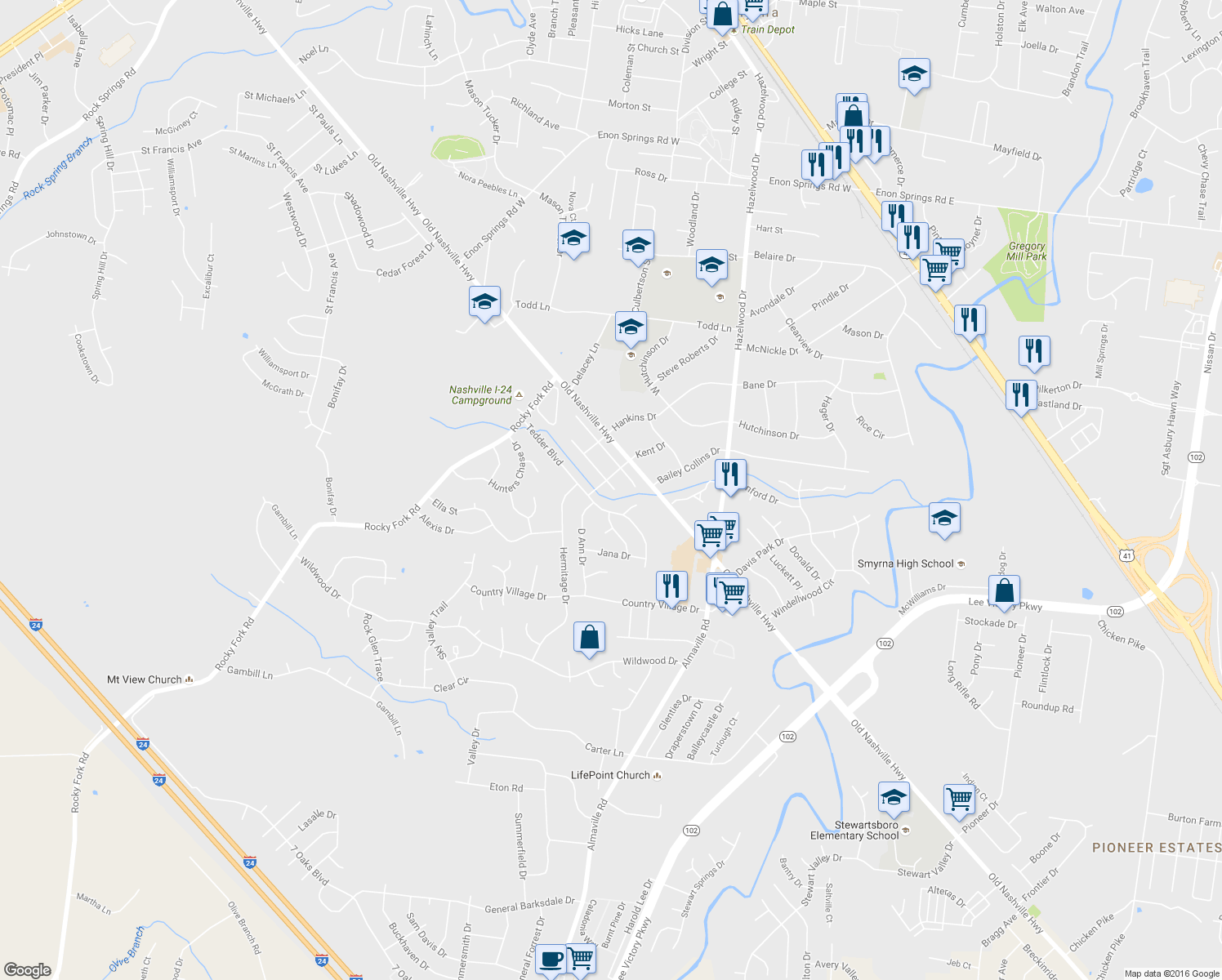 map of restaurants, bars, coffee shops, grocery stores, and more near 400 Acorn Court in Smyrna