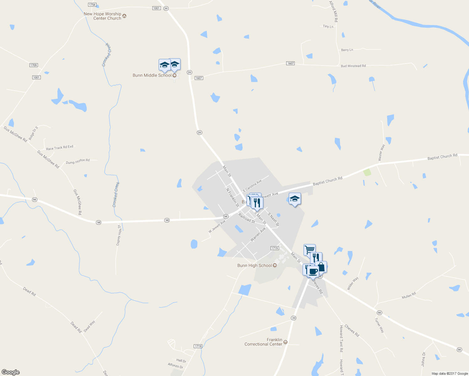 map of restaurants, bars, coffee shops, grocery stores, and more near 220 Main Street in Bunn