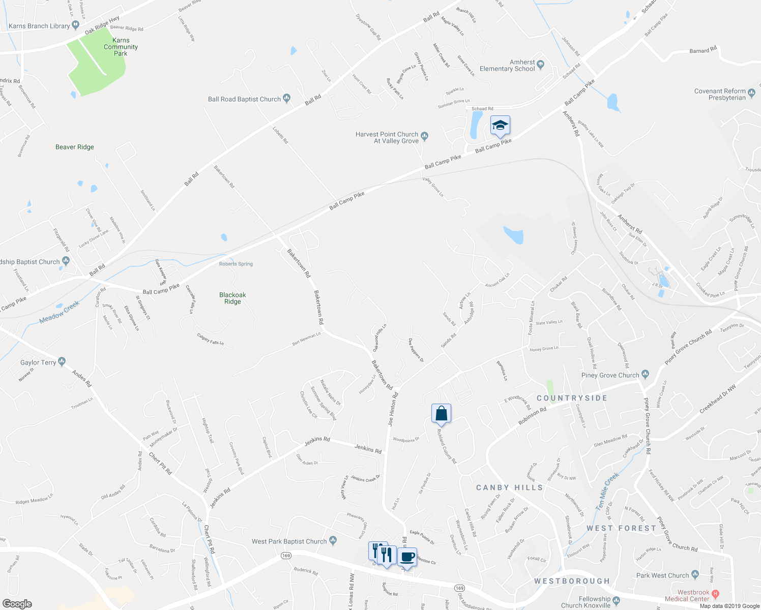 map of restaurants, bars, coffee shops, grocery stores, and more near 3052 Oakwood Hills Lane in Knoxville