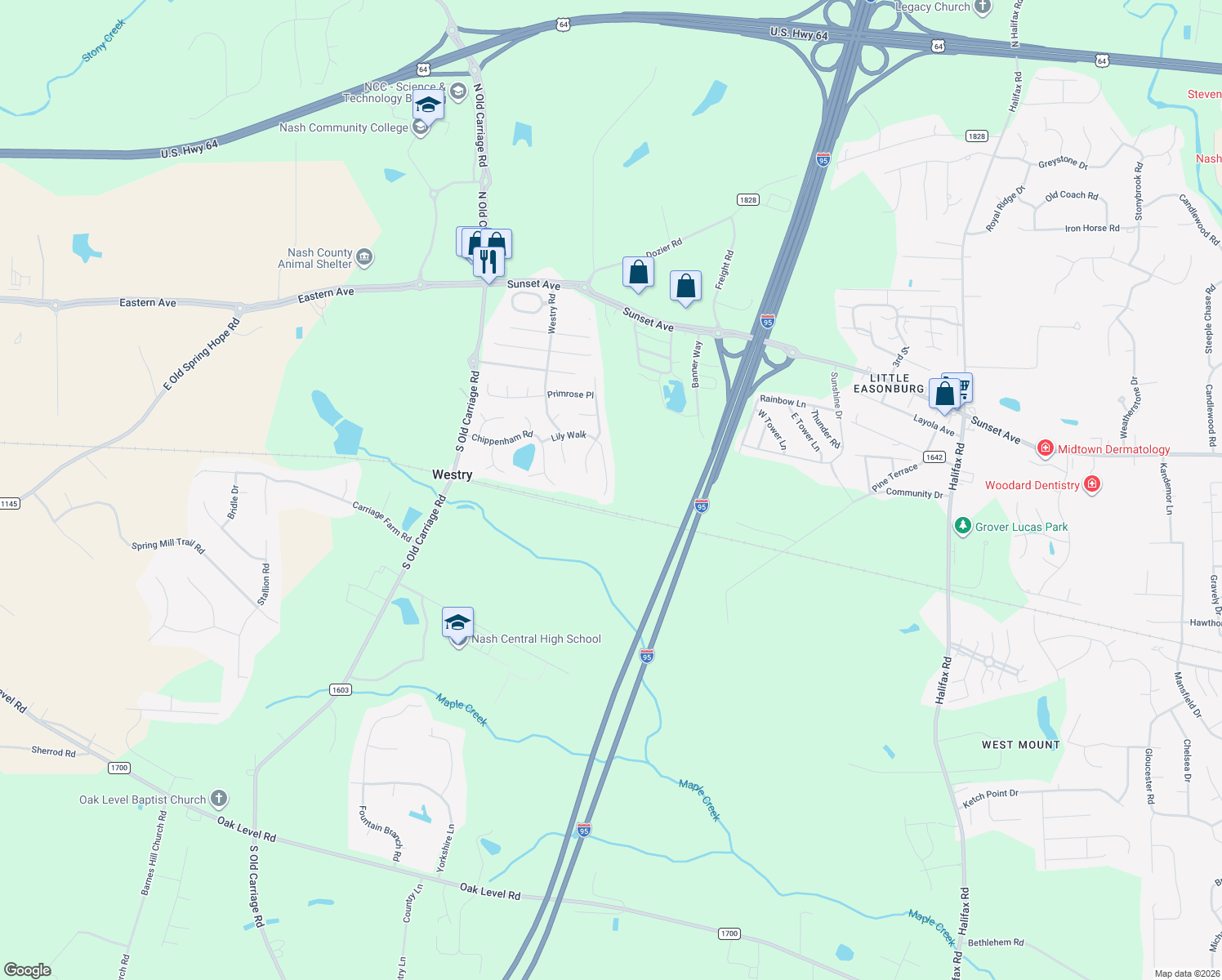 map of restaurants, bars, coffee shops, grocery stores, and more near 4552 Lily Walk in Rocky Mount