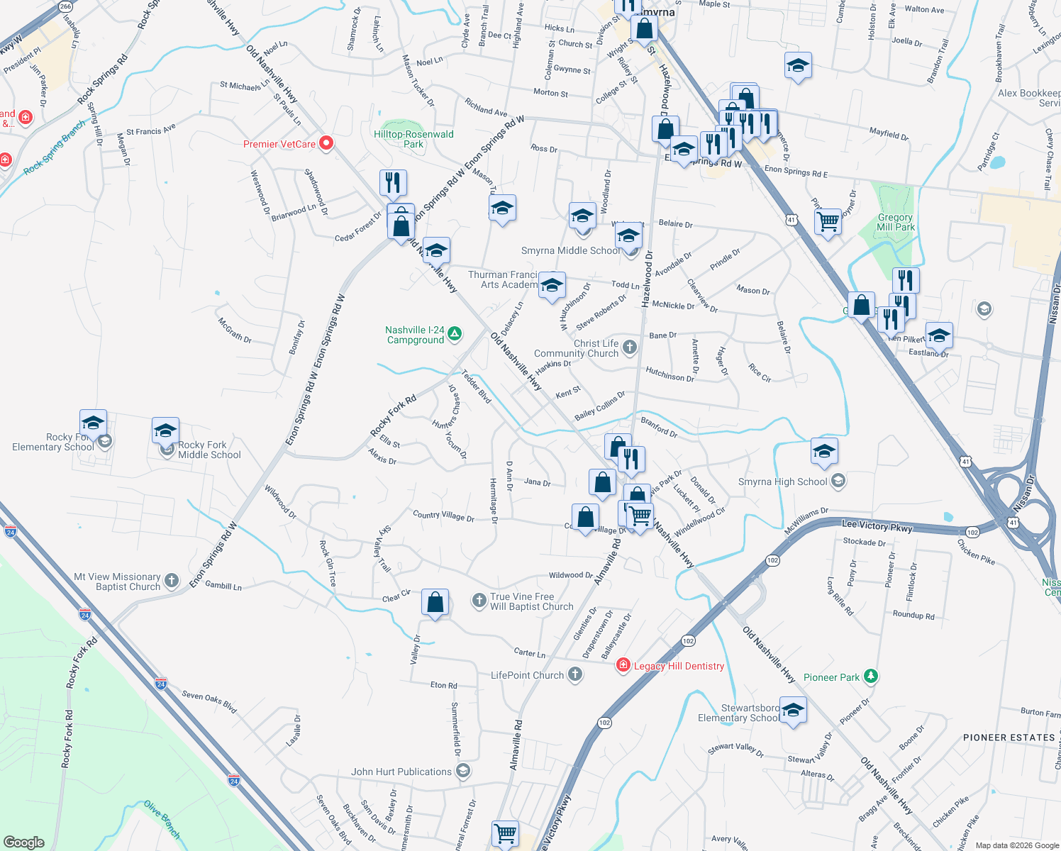 map of restaurants, bars, coffee shops, grocery stores, and more near 400 Acorn Court in Smyrna