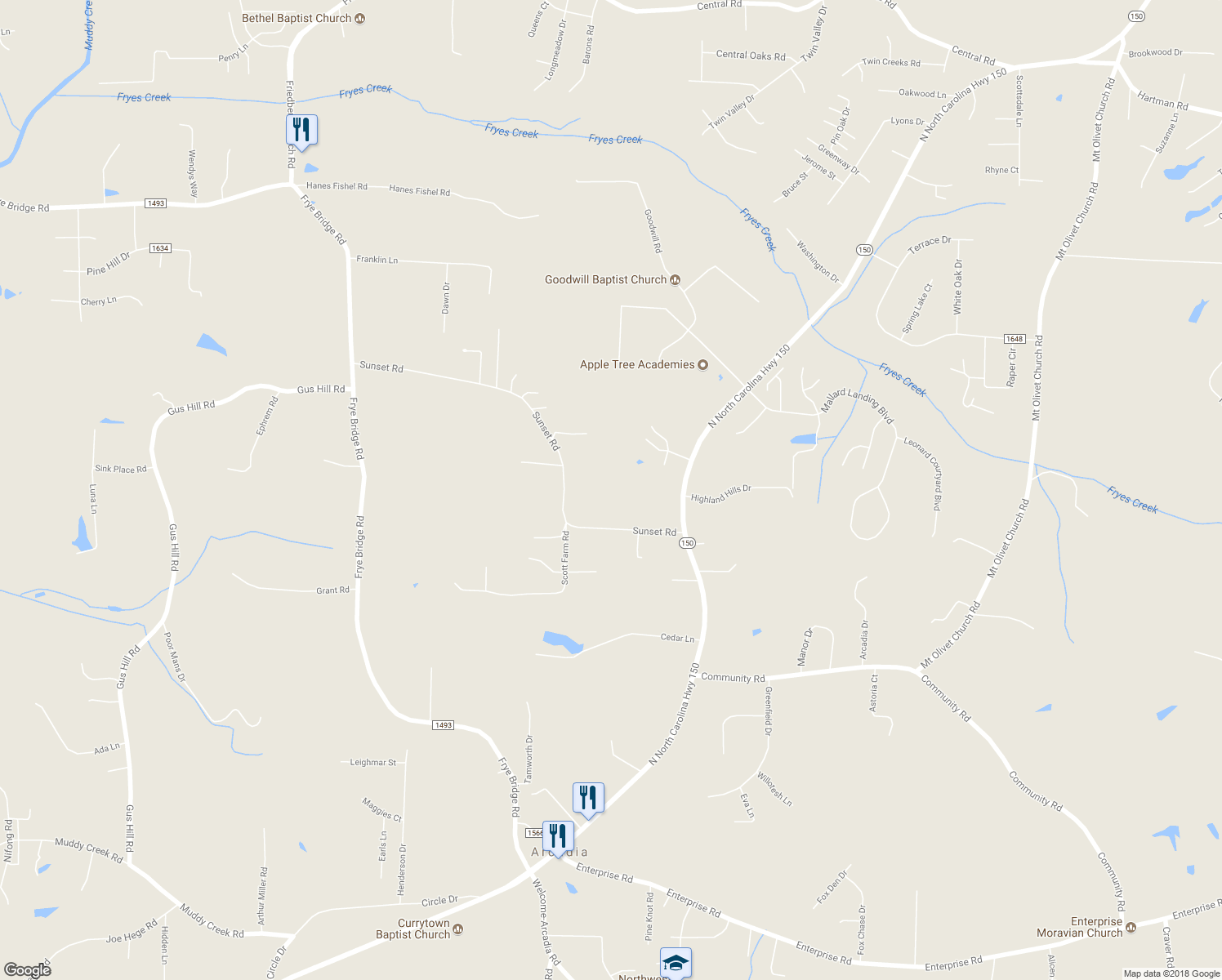 map of restaurants, bars, coffee shops, grocery stores, and more near 360 Sunset Road in Clemmons